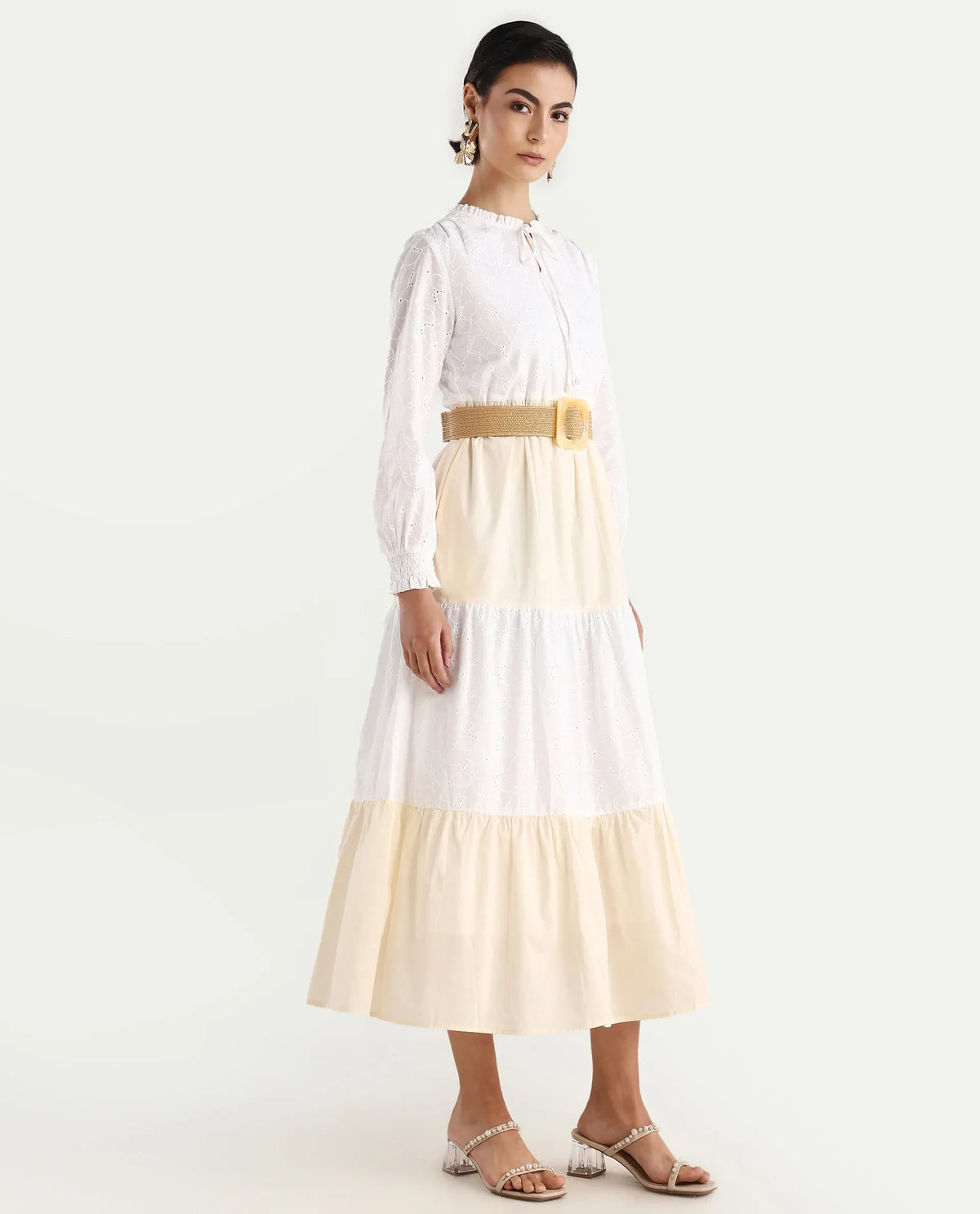 Rareism Women's Deccan Beige Cotton Sweetheart Neck Plain Bishop Sleeve Maxi Tiered Dress