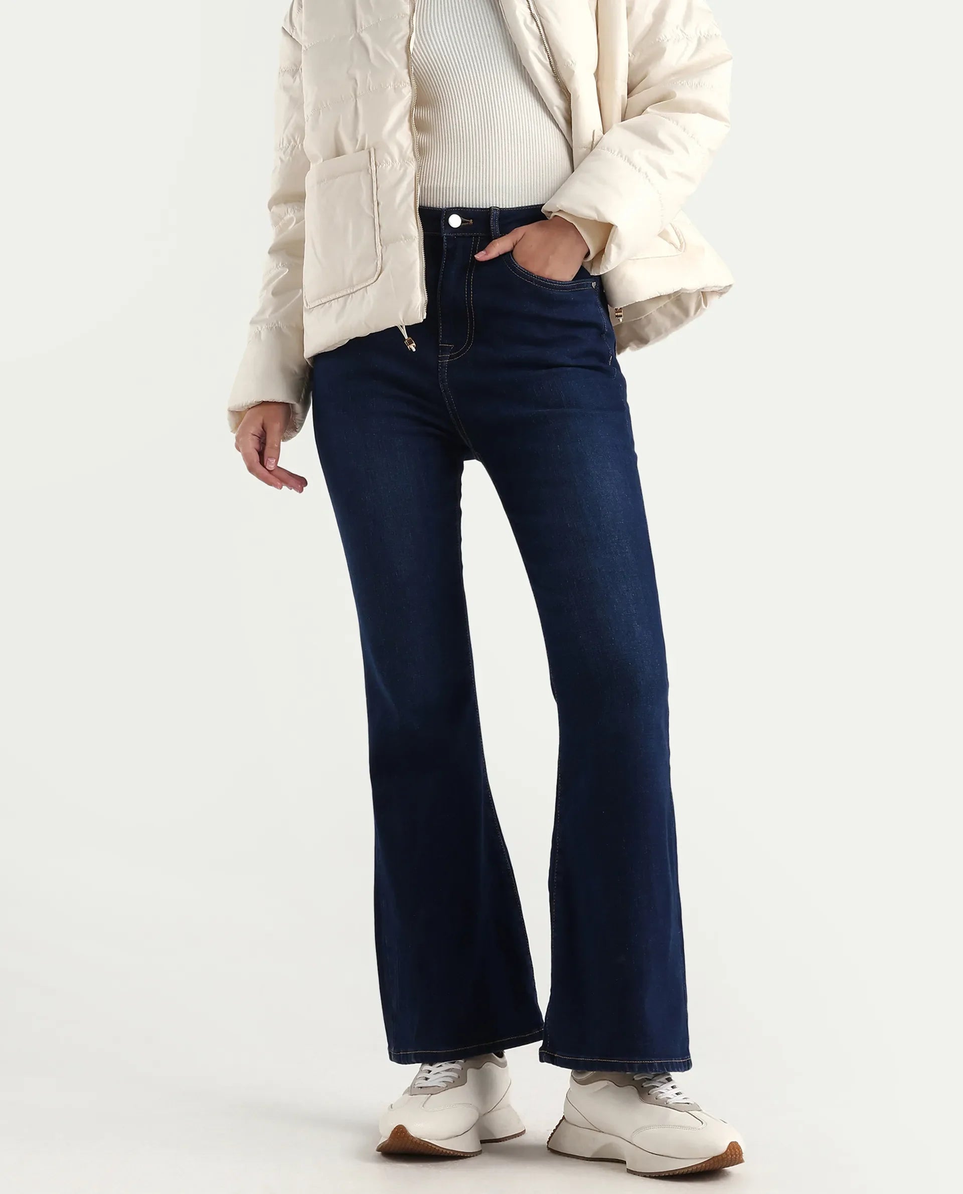 Rareism Women's Denfa Dark Blue Cotton Blend Bootcut Plain Jeans