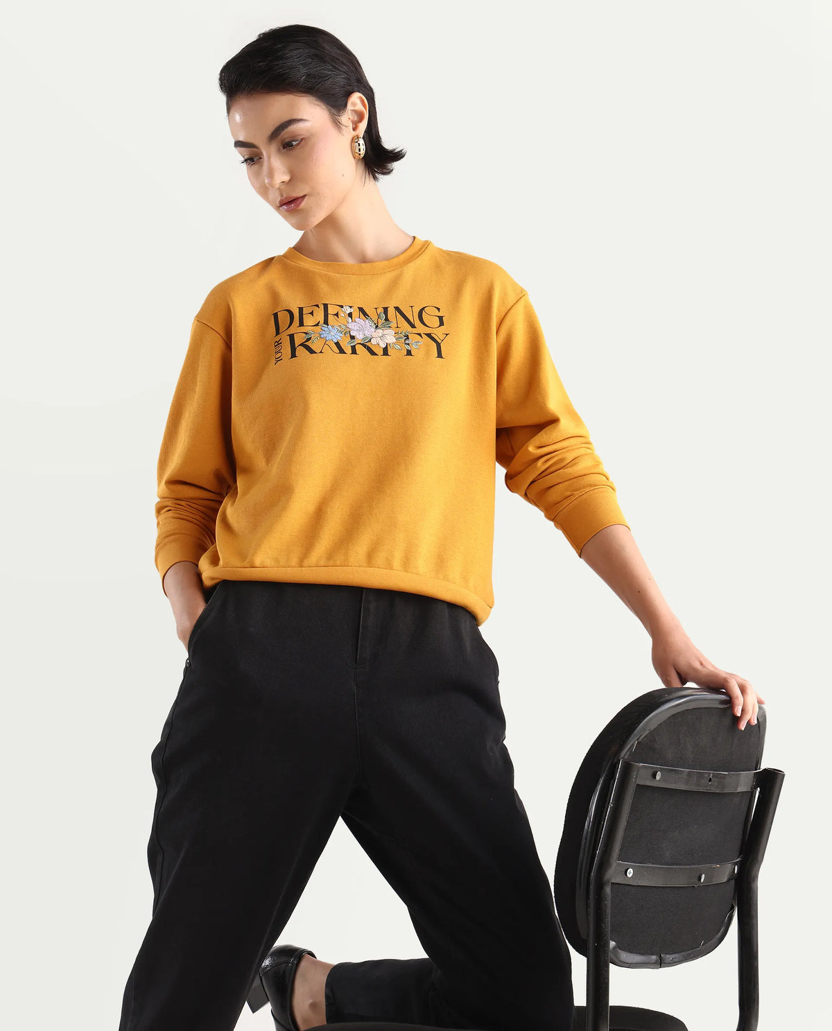 Rareism Women's Defni Dusky Mustard Cotton Blend Crew Neck Graphic Print Relaxed Fit Sweatshirt