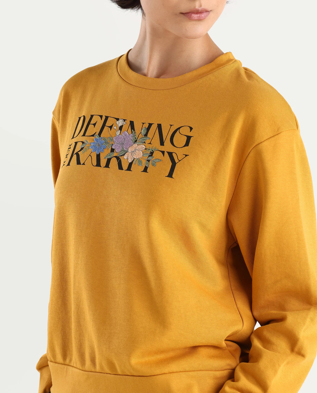 Rareism Women's Defni Dusky Mustard Cotton Blend Crew Neck Graphic Print Relaxed Fit Sweatshirt