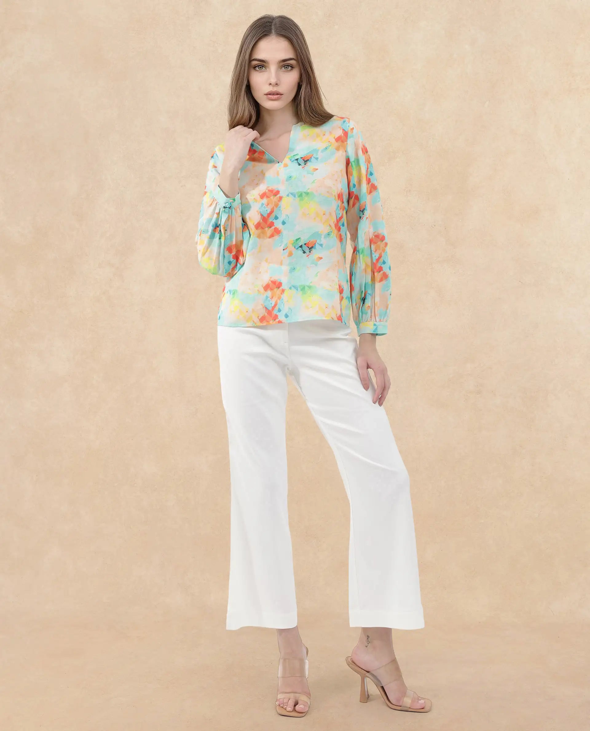 Rareism Women Deimos-SC Flouroscent Multi Linen Fabric Full Sleeve V-Neck Button Closure Geometric Print Regular Fit Top