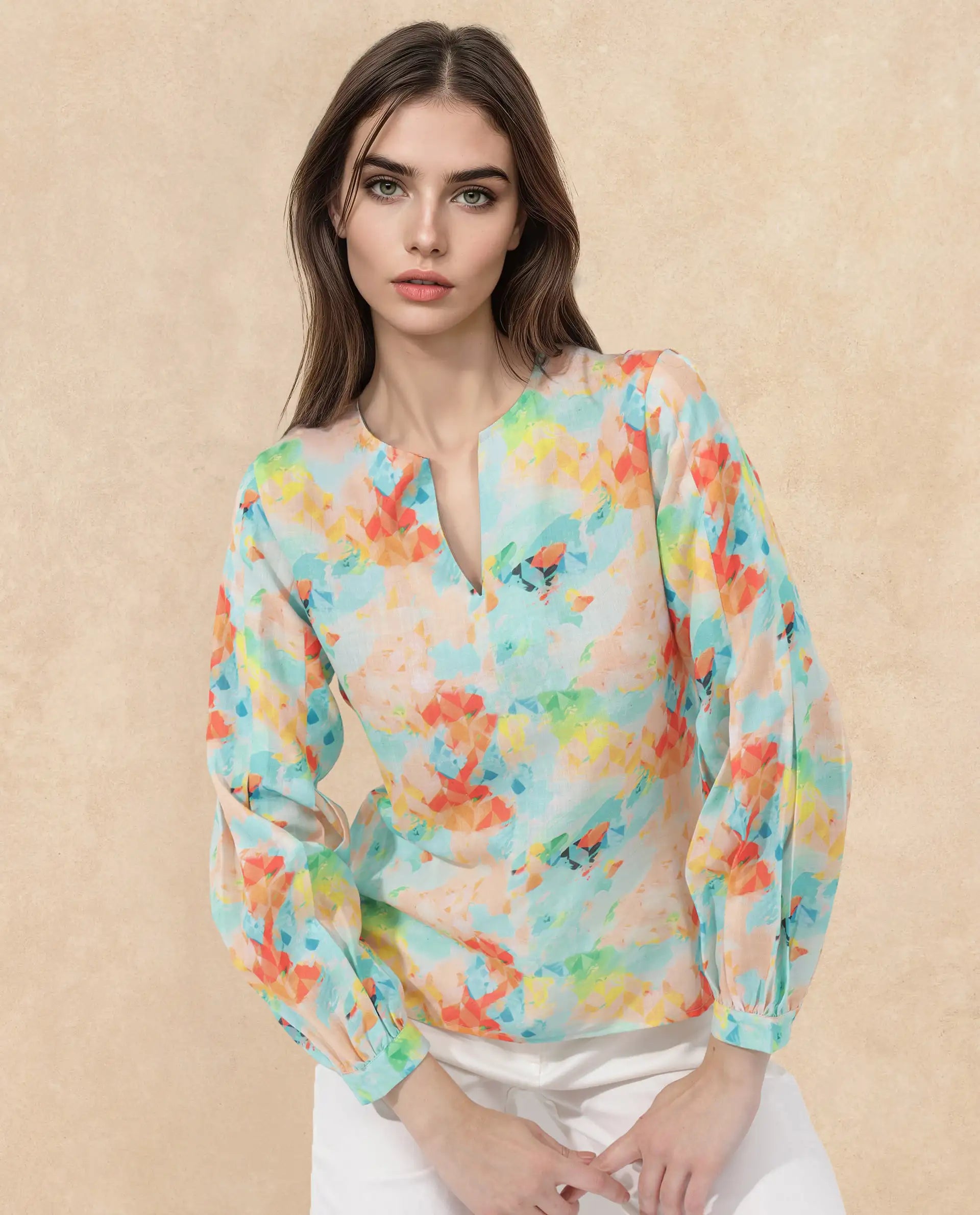 Rareism Women Deimos-SC Flouroscent Multi Linen Fabric Full Sleeve V-Neck Button Closure Geometric Print Regular Fit Top