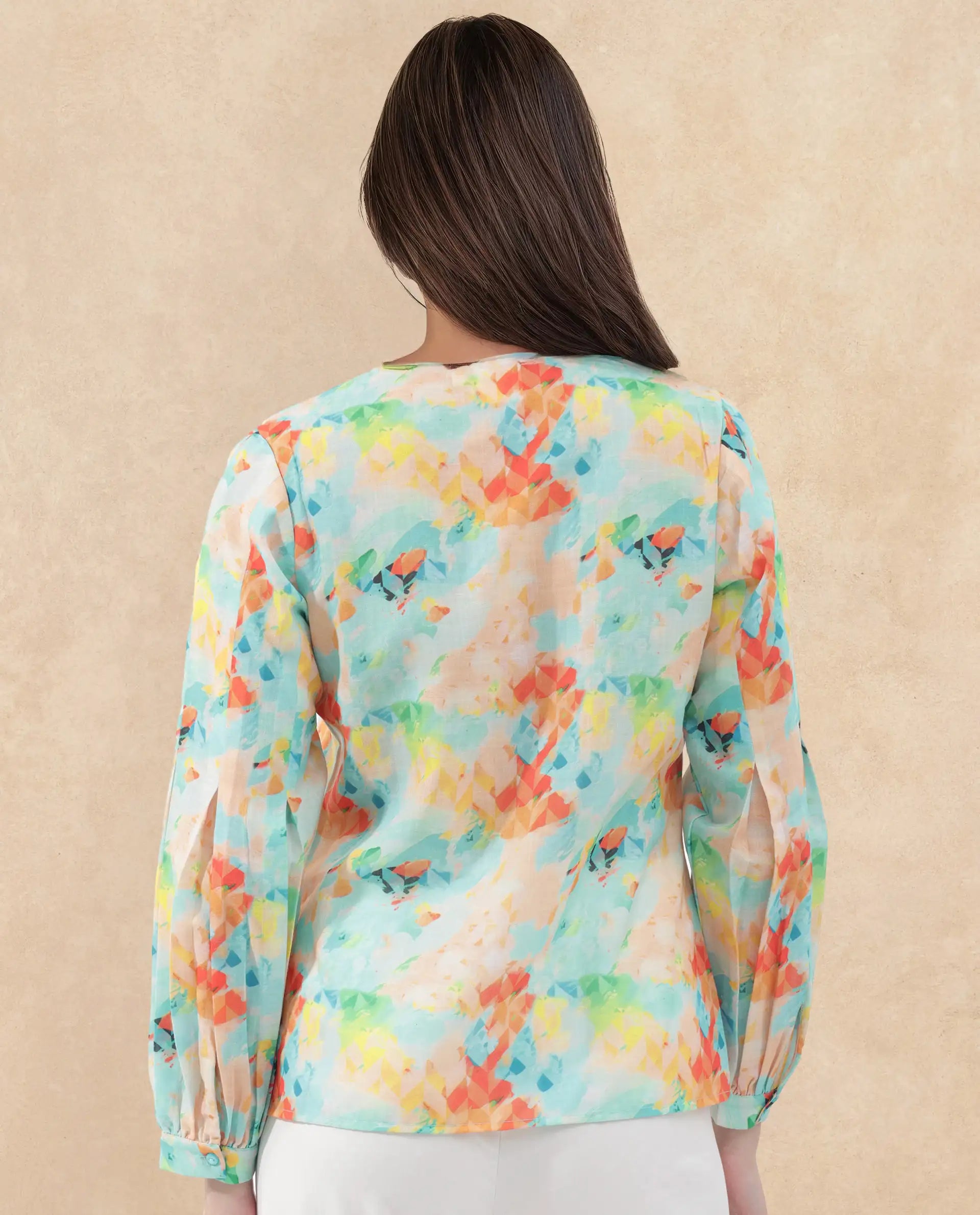 Rareism Women Deimos-SC Flouroscent Multi Linen Fabric Full Sleeve V-Neck Button Closure Geometric Print Regular Fit Top