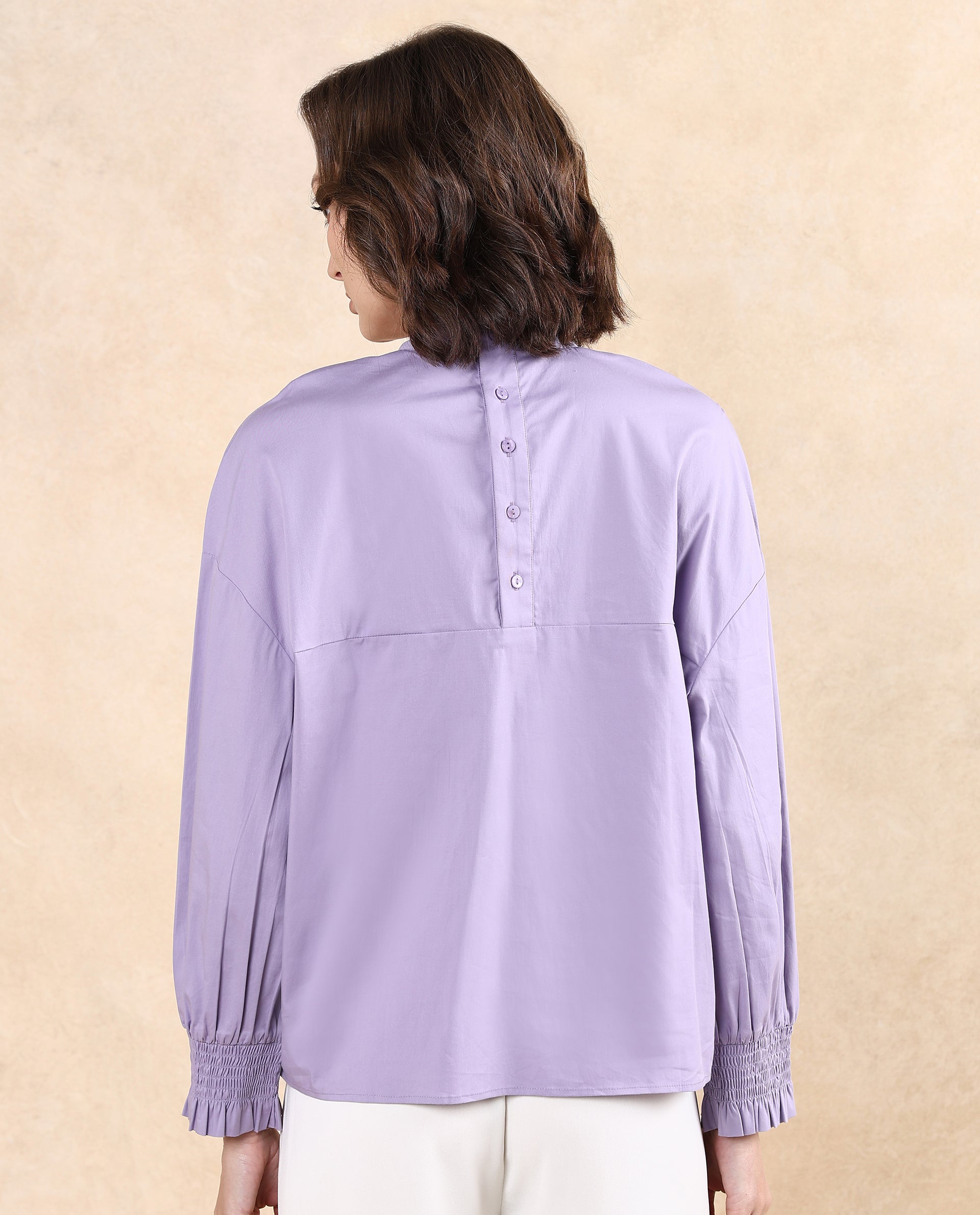 Rareism Women's Delpo Dusky Purple Cotton Blend High Neck Plain Bishop Sleeve Relaxed Fit Top