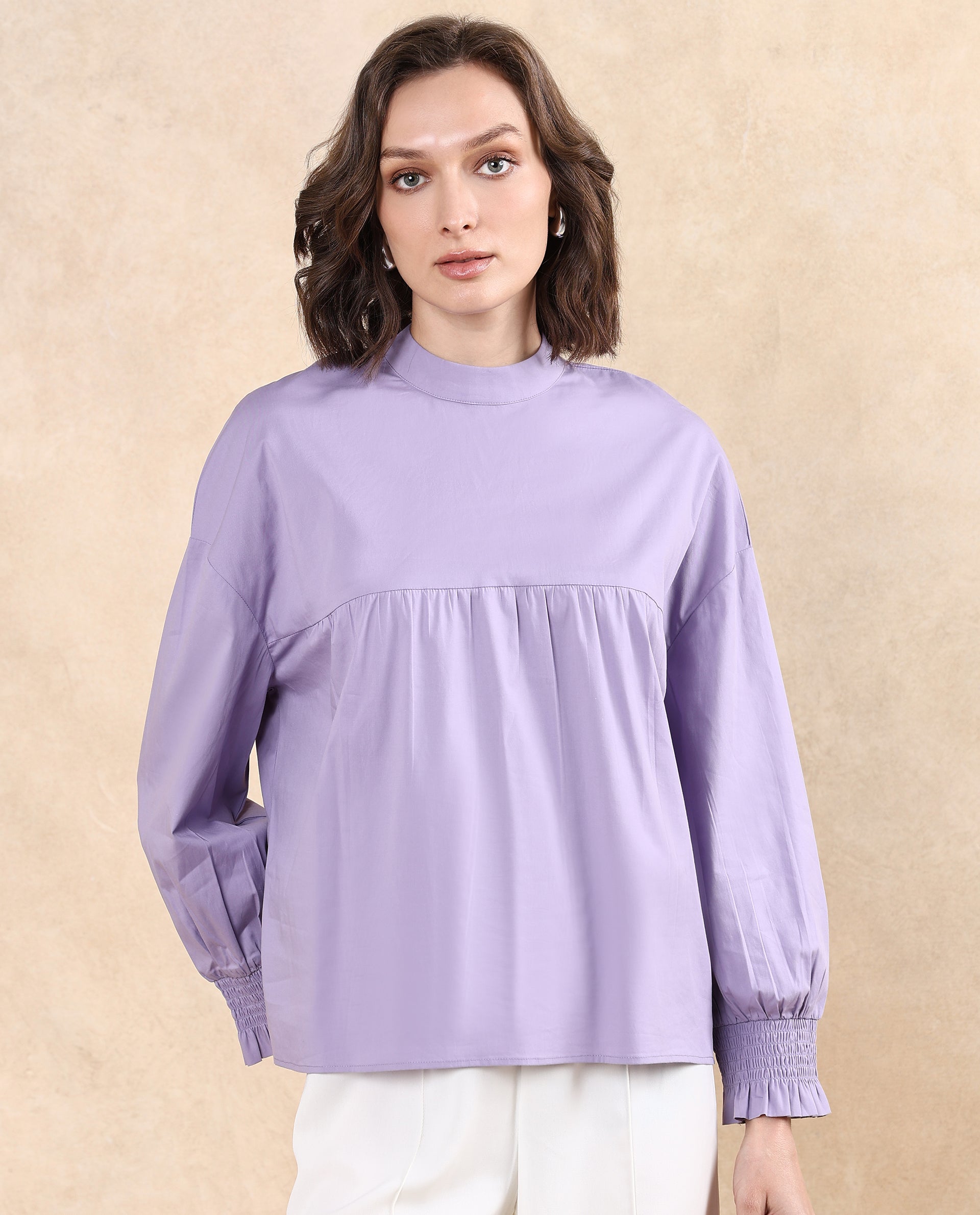 Rareism Women's Delpo Dusky Purple Cotton Blend High Neck Plain Bishop Sleeve Relaxed Fit Top