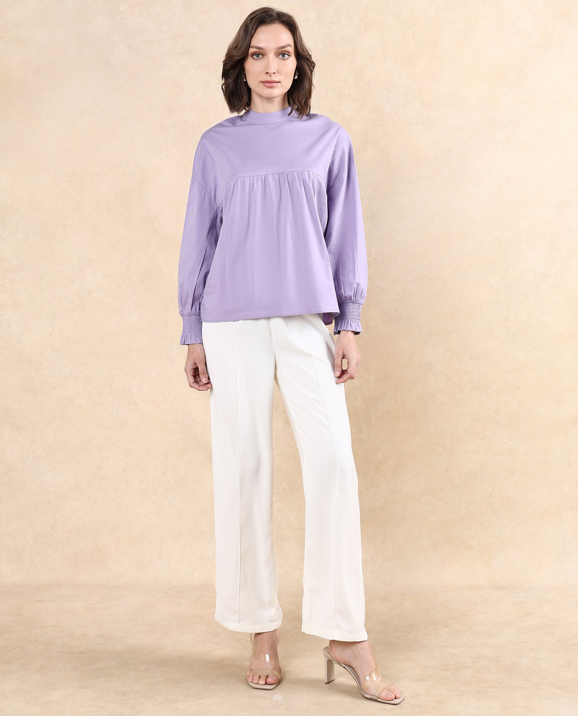 Rareism Women's Delpo Dusky Purple Cotton Blend High Neck Plain Bishop Sleeve Relaxed Fit Top