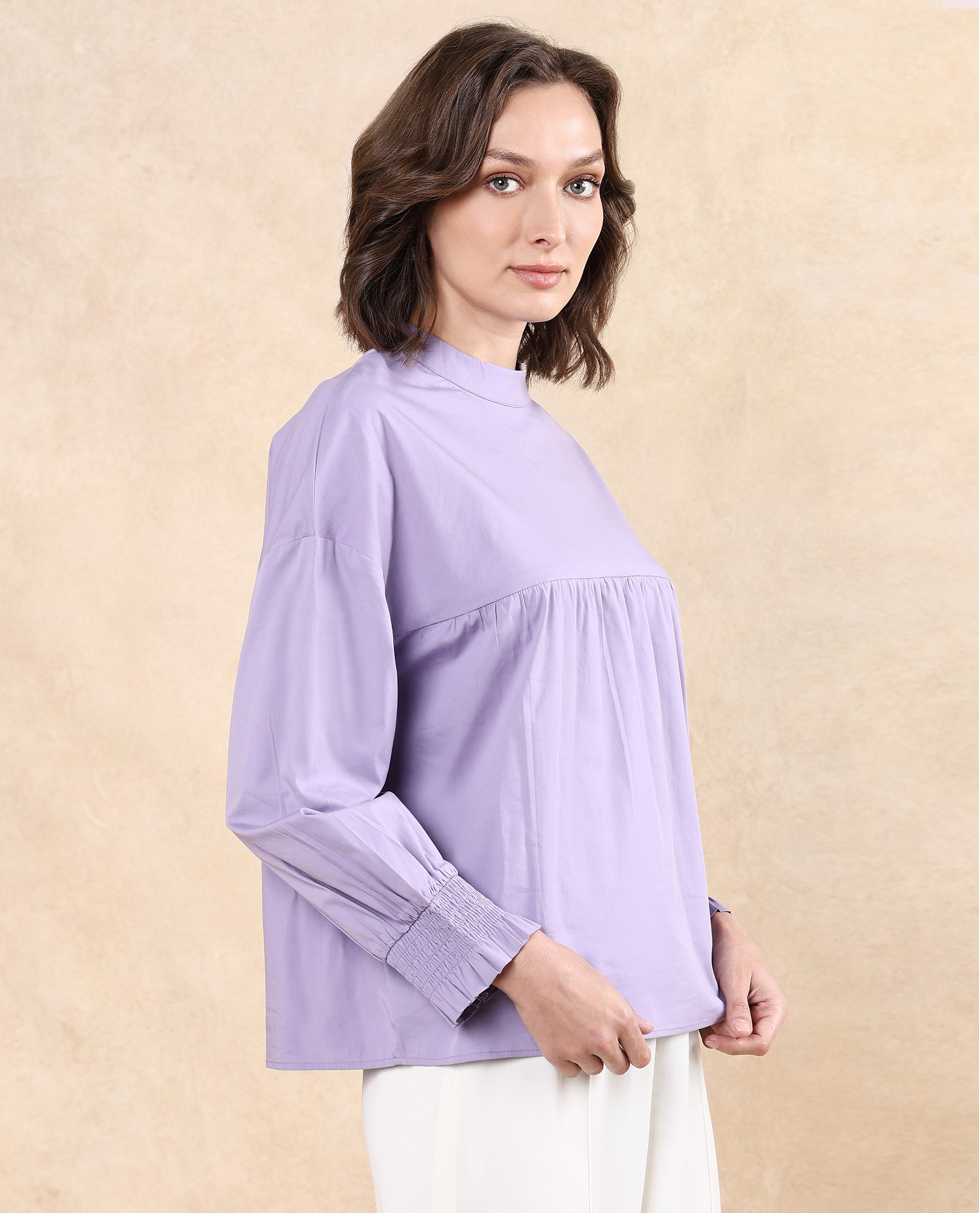 Rareism Women's Delpo Dusky Purple Cotton Blend High Neck Plain Bishop Sleeve Relaxed Fit Top
