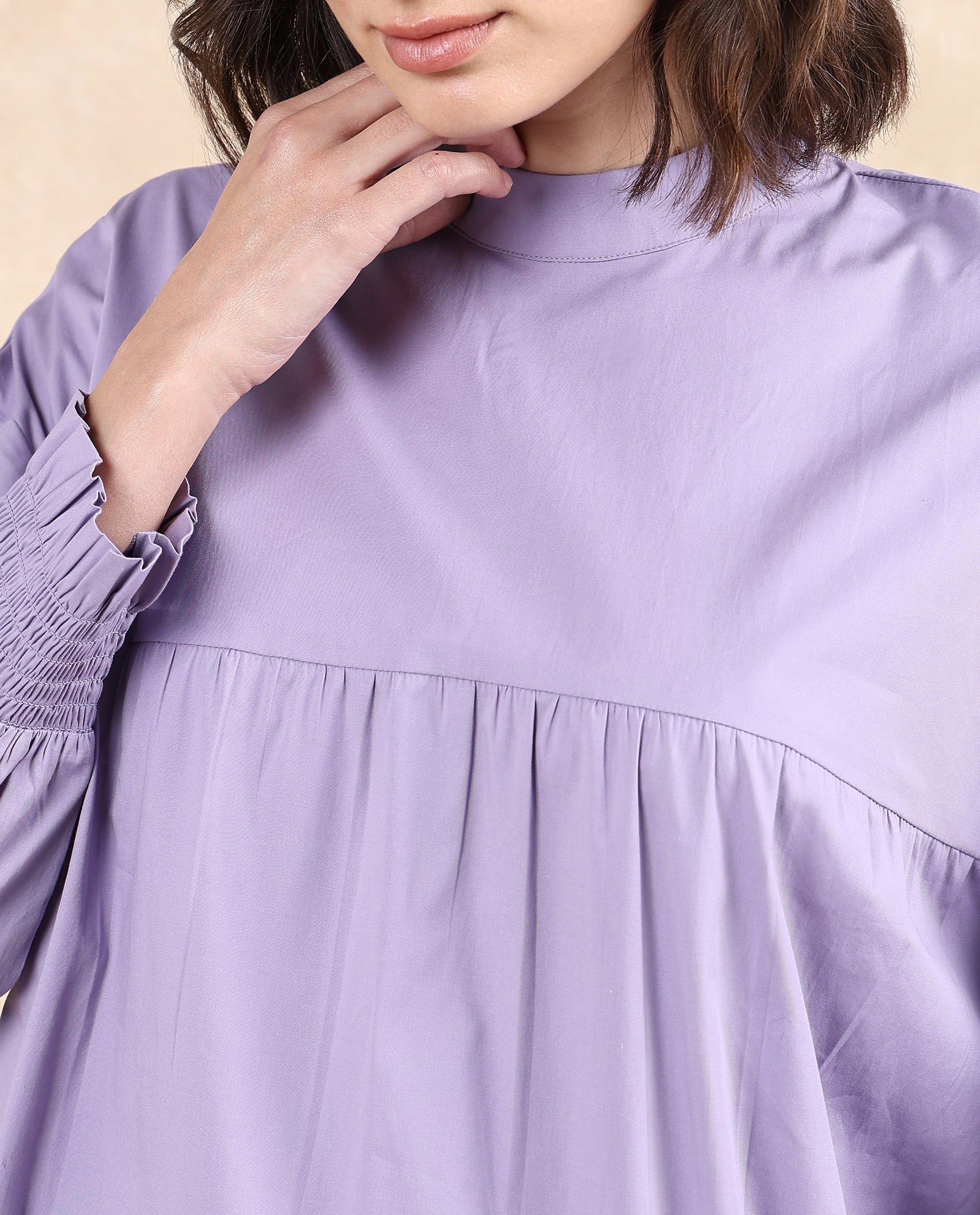 Rareism Women's Delpo Dusky Purple Cotton Blend High Neck Plain Bishop Sleeve Relaxed Fit Top