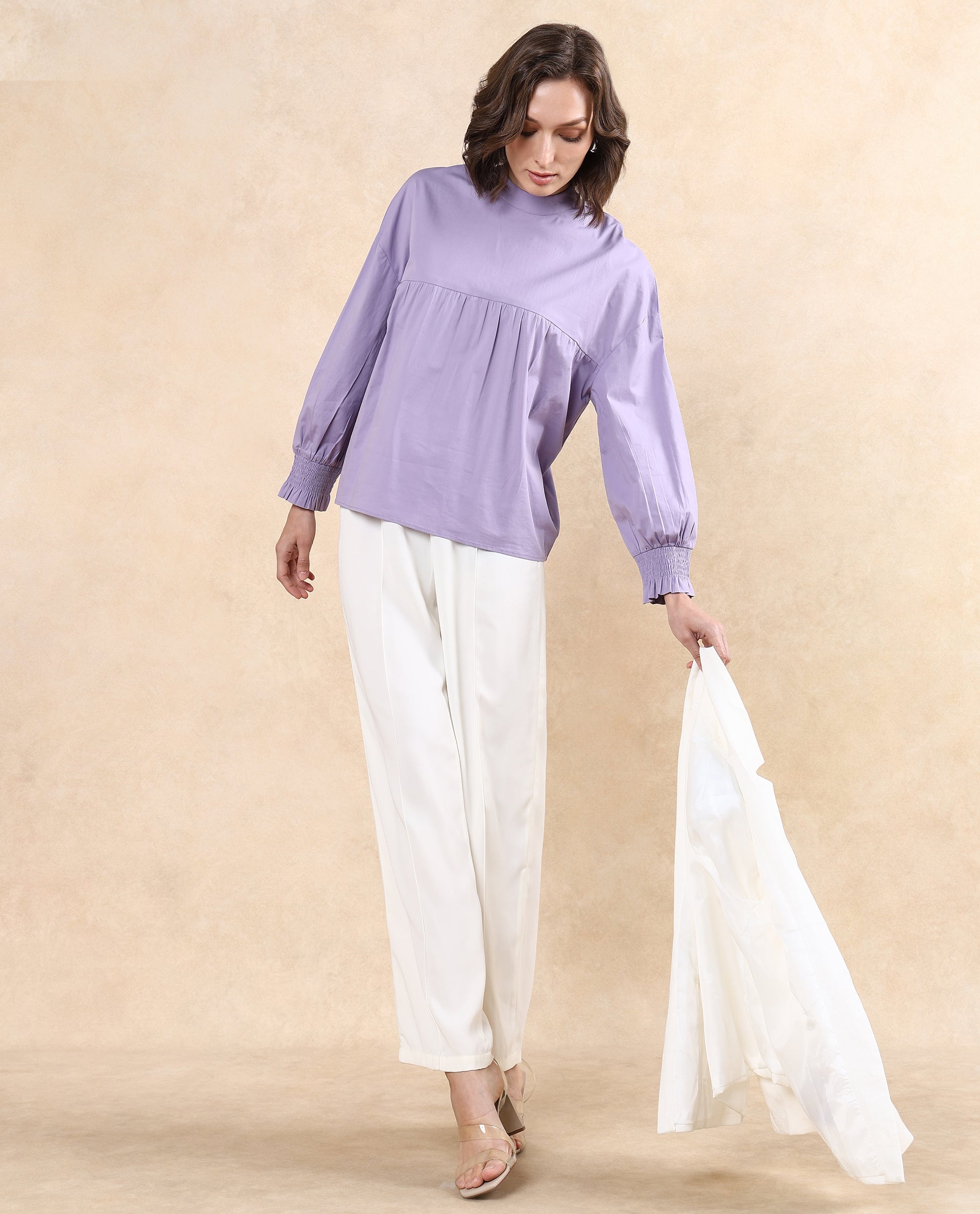 Rareism Women's Delpo Dusky Purple Cotton Blend High Neck Plain Bishop Sleeve Relaxed Fit Top