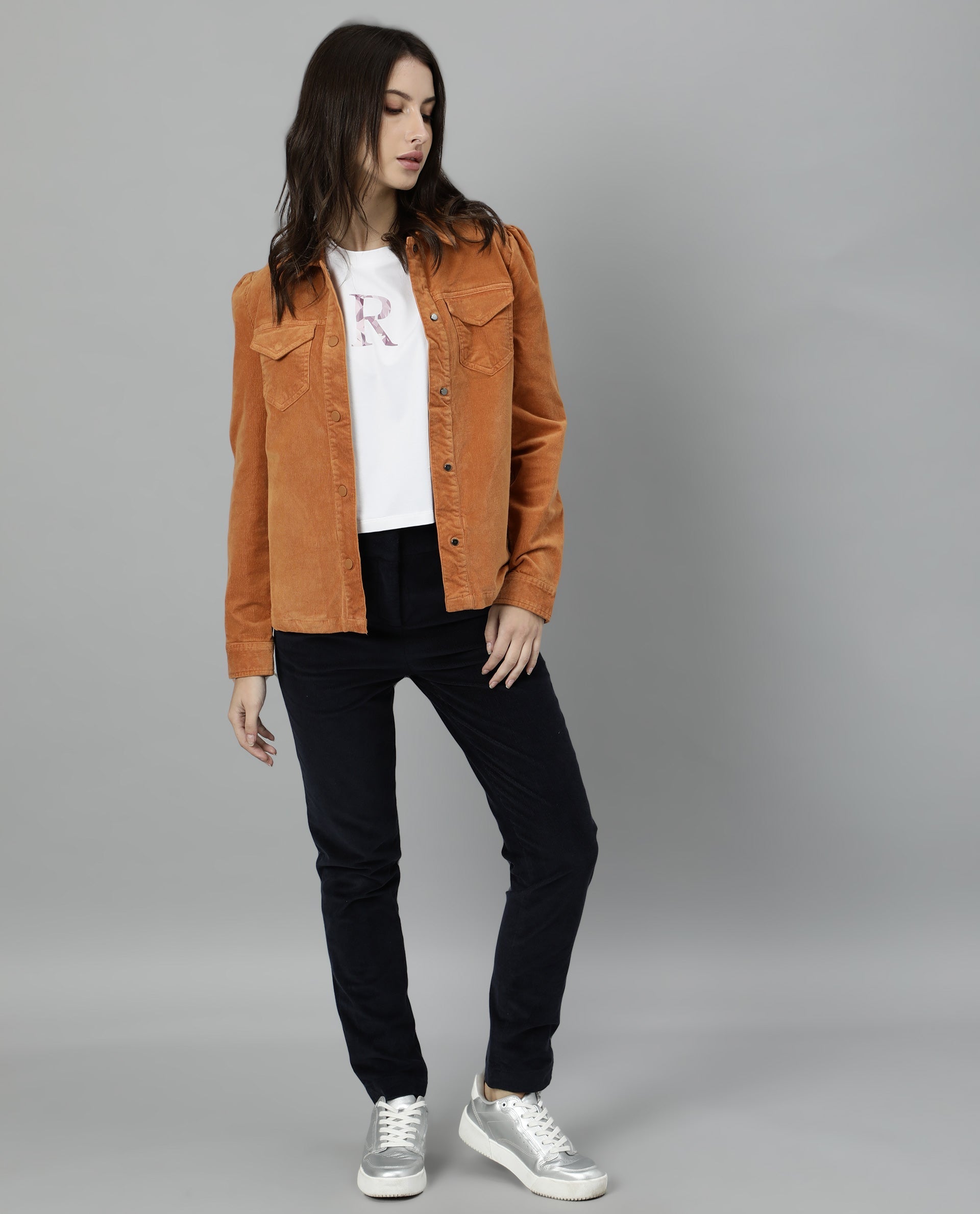Rareism Women Delux Orange Jacket Full Sleeves Solid