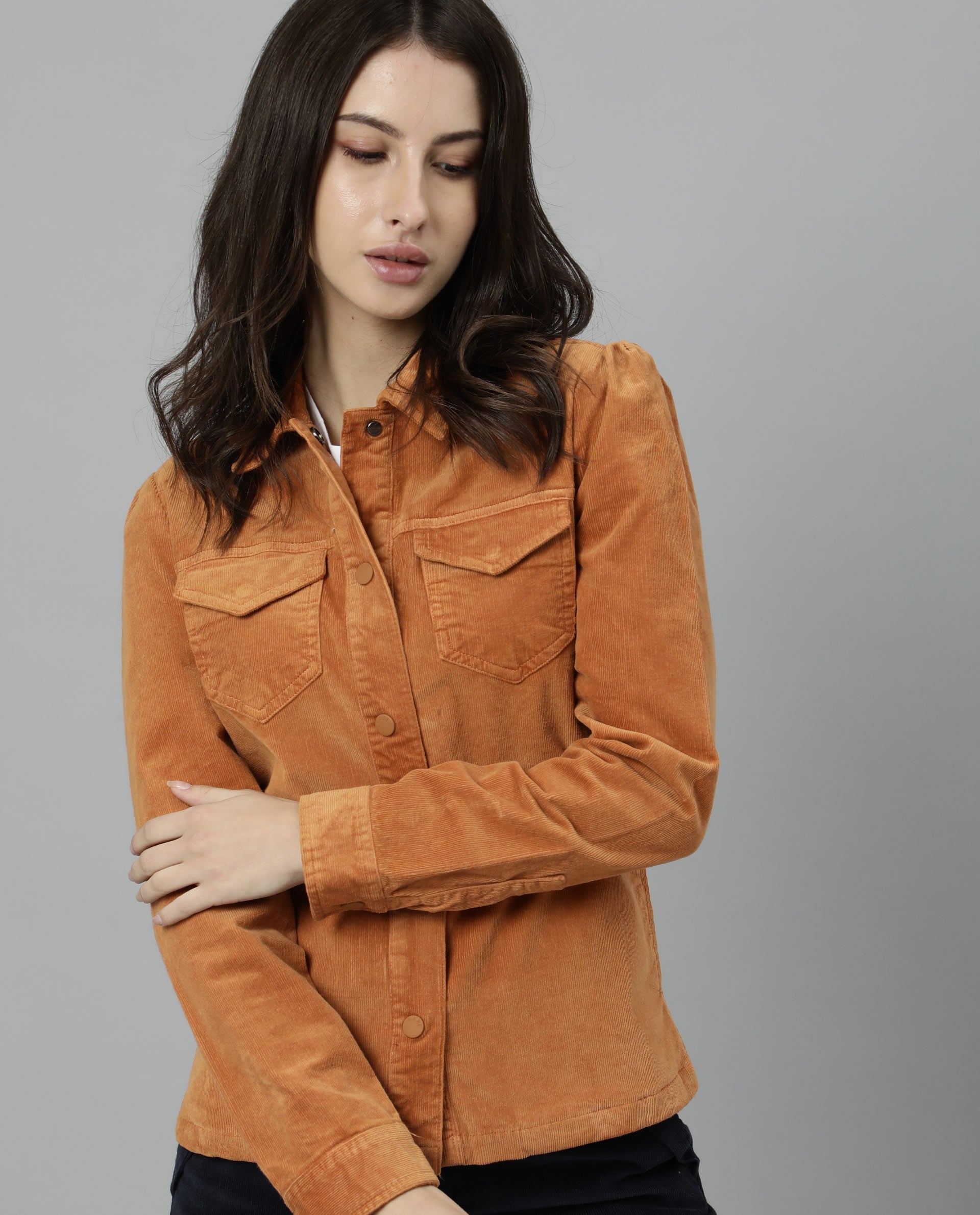 Rareism Women Delux Orange Jacket Full Sleeves Solid