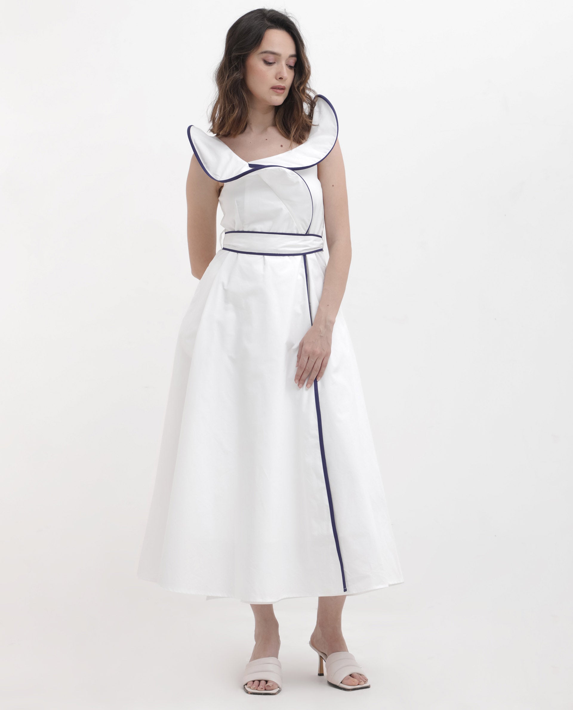 Rareism Women Demono White Cotton Fabric Sleeveless Collared Neck Solid Longline Dress