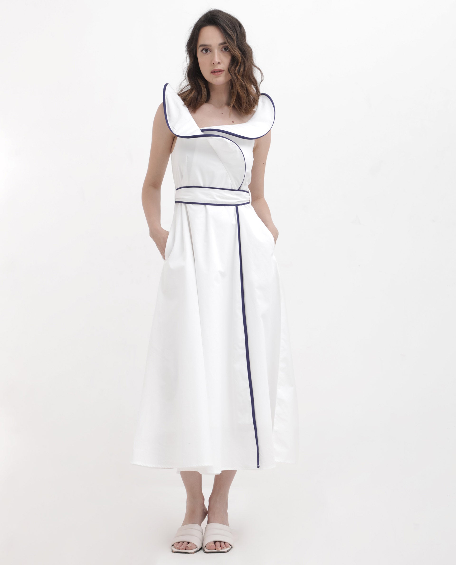 Rareism Women Demono White Cotton Fabric Sleeveless Collared Neck Solid Longline Dress