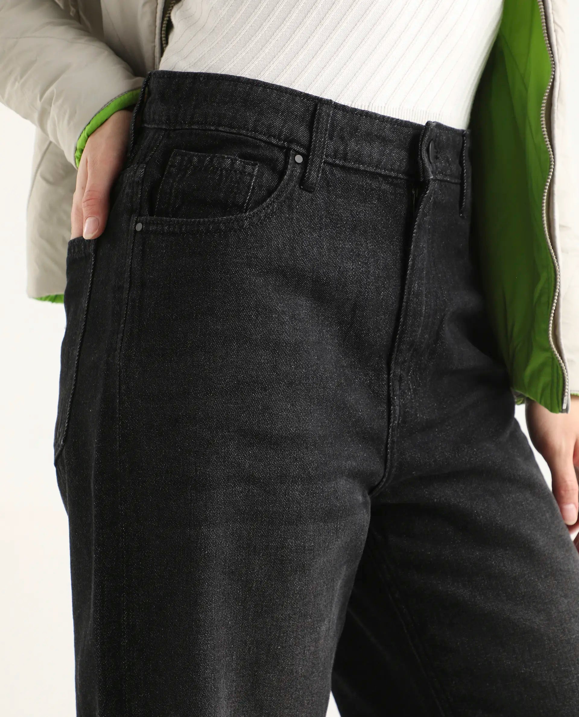 Rareism Women's Dency Black Cotton Straight Plain Jeans