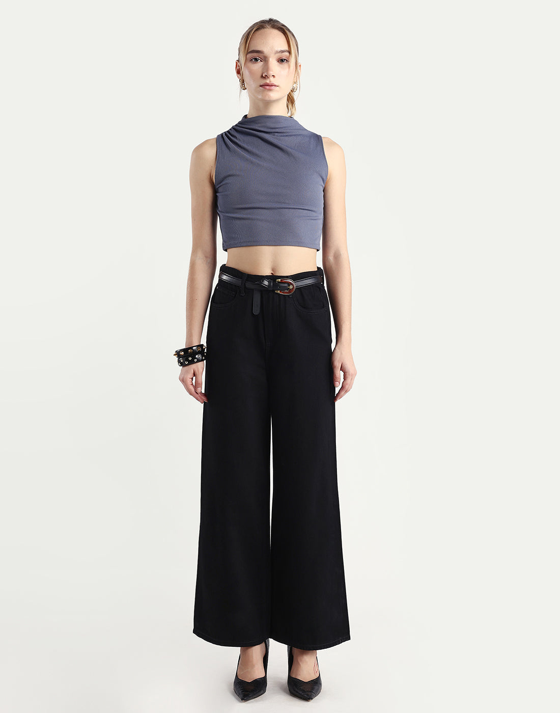 Rareism Women's Denik Black Cotton Wide Plain Jeans