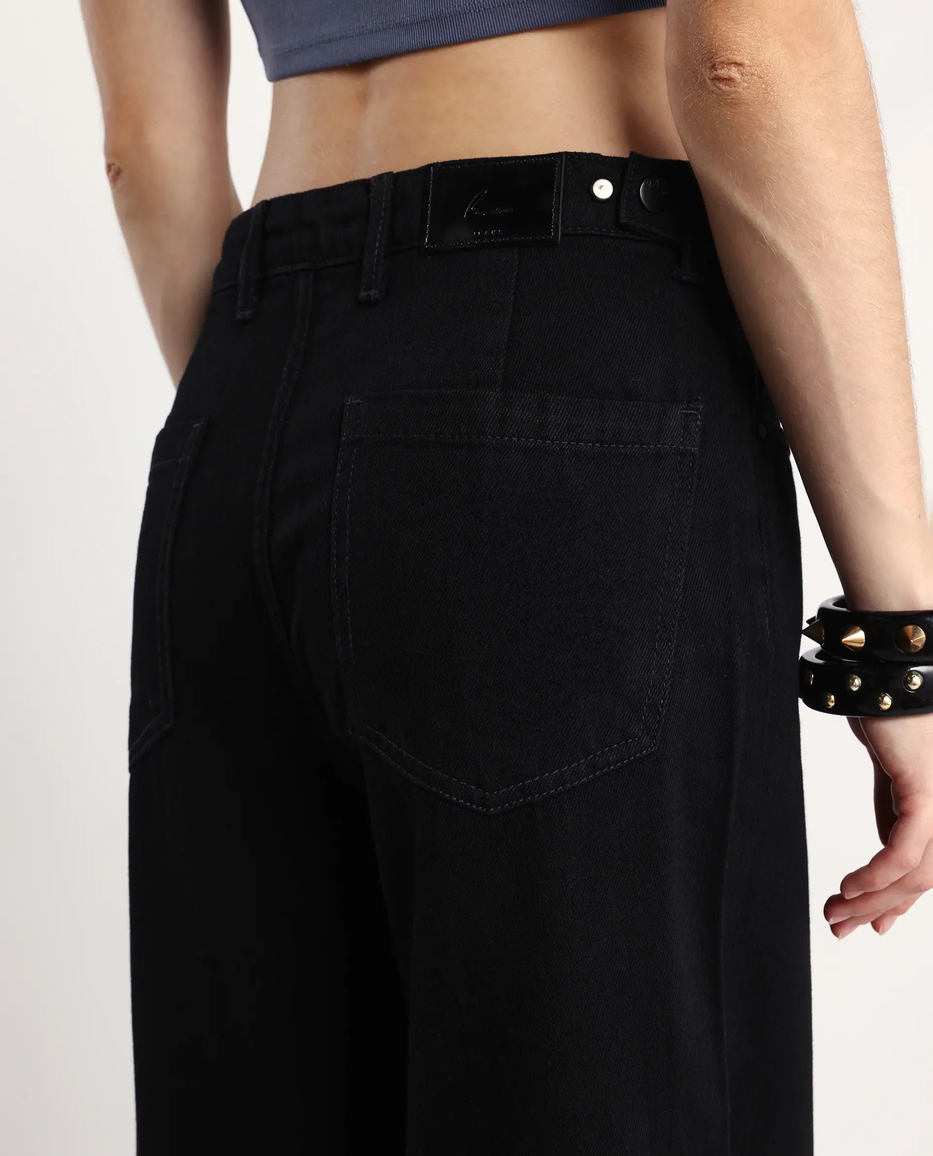 Rareism Women's Denik Black Cotton Wide Plain Jeans