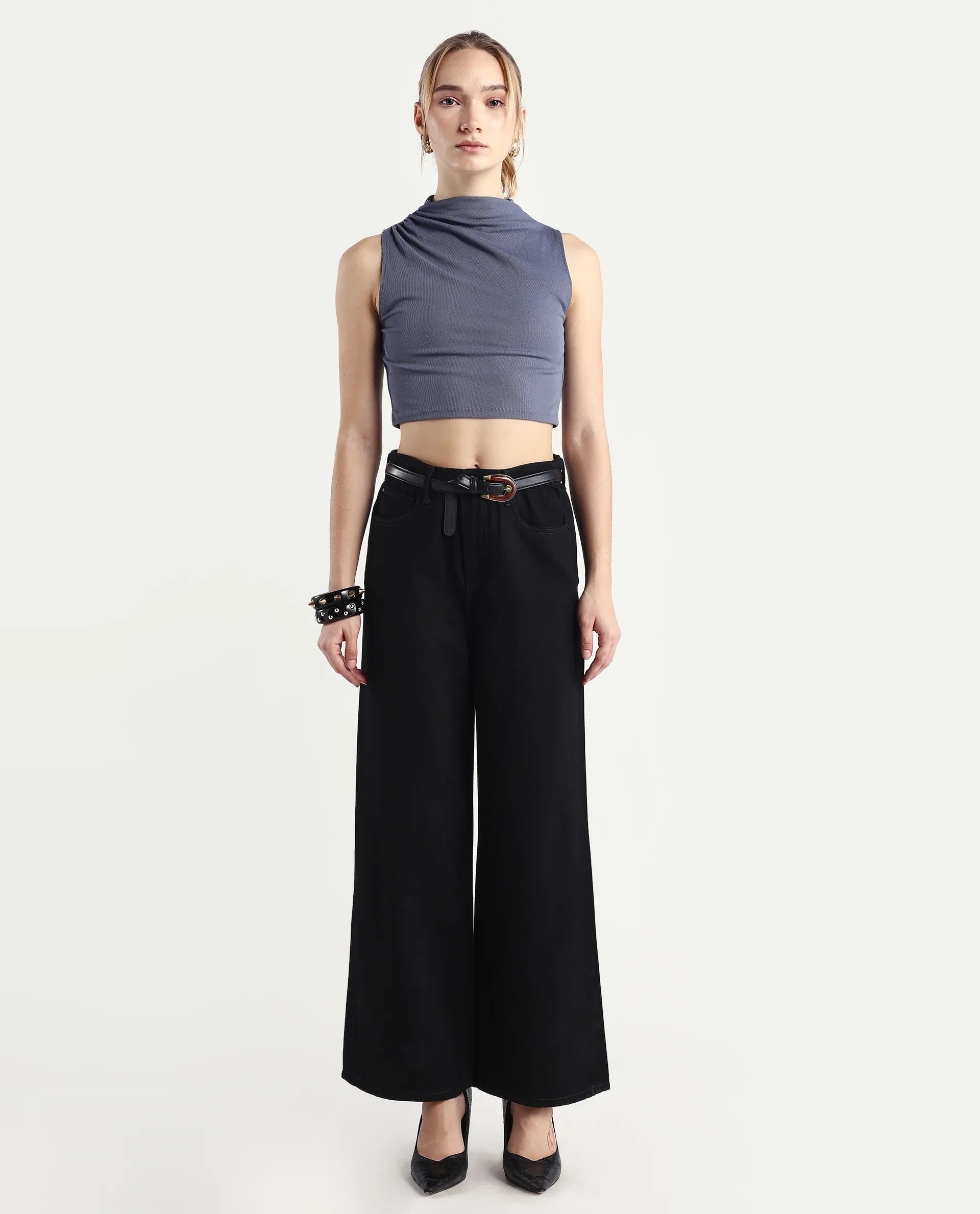 Rareism Women's Denik Black Cotton Wide Plain Jeans