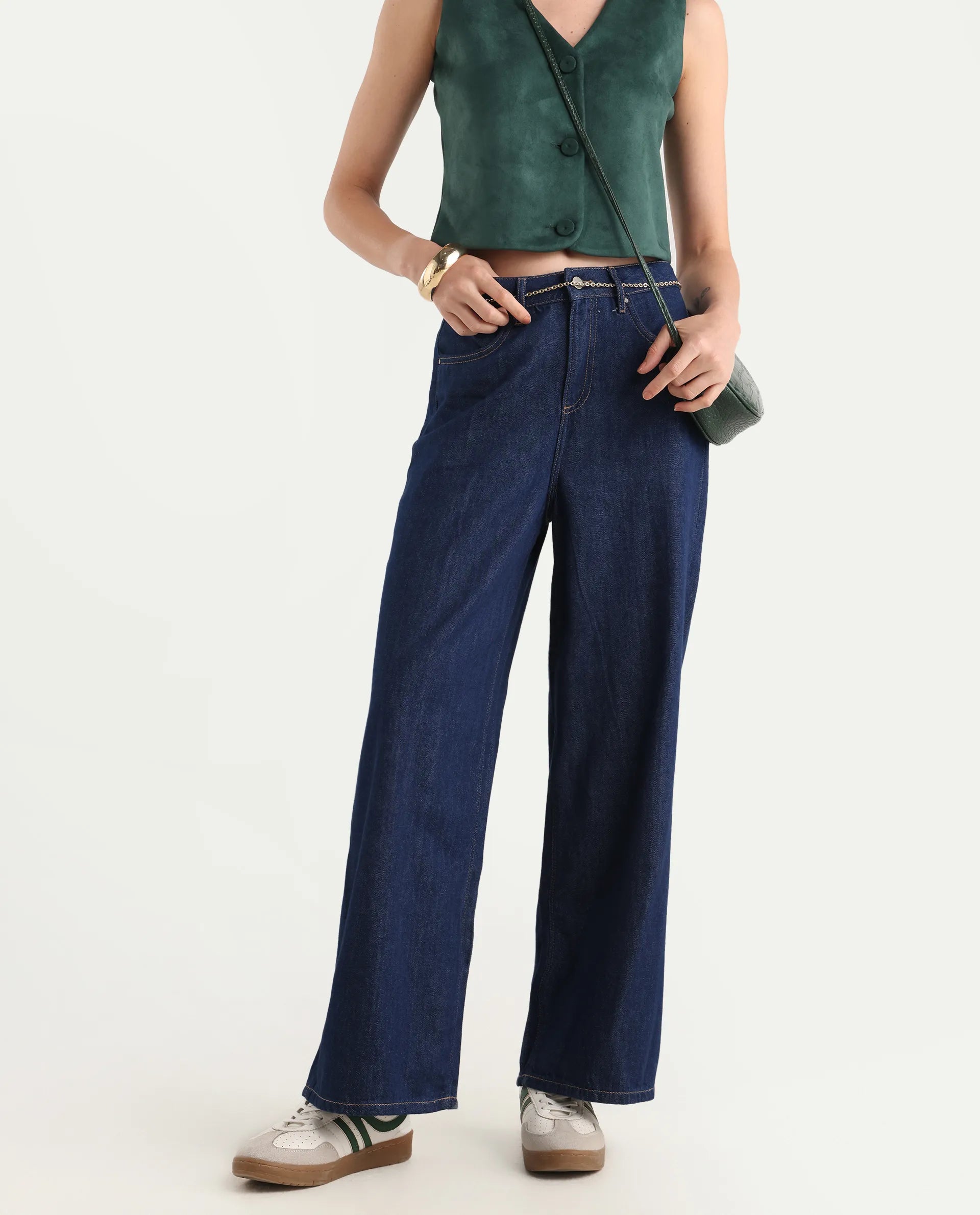 Rareism Women's Denio Dark Blue Cotton Wide Plain Jeans