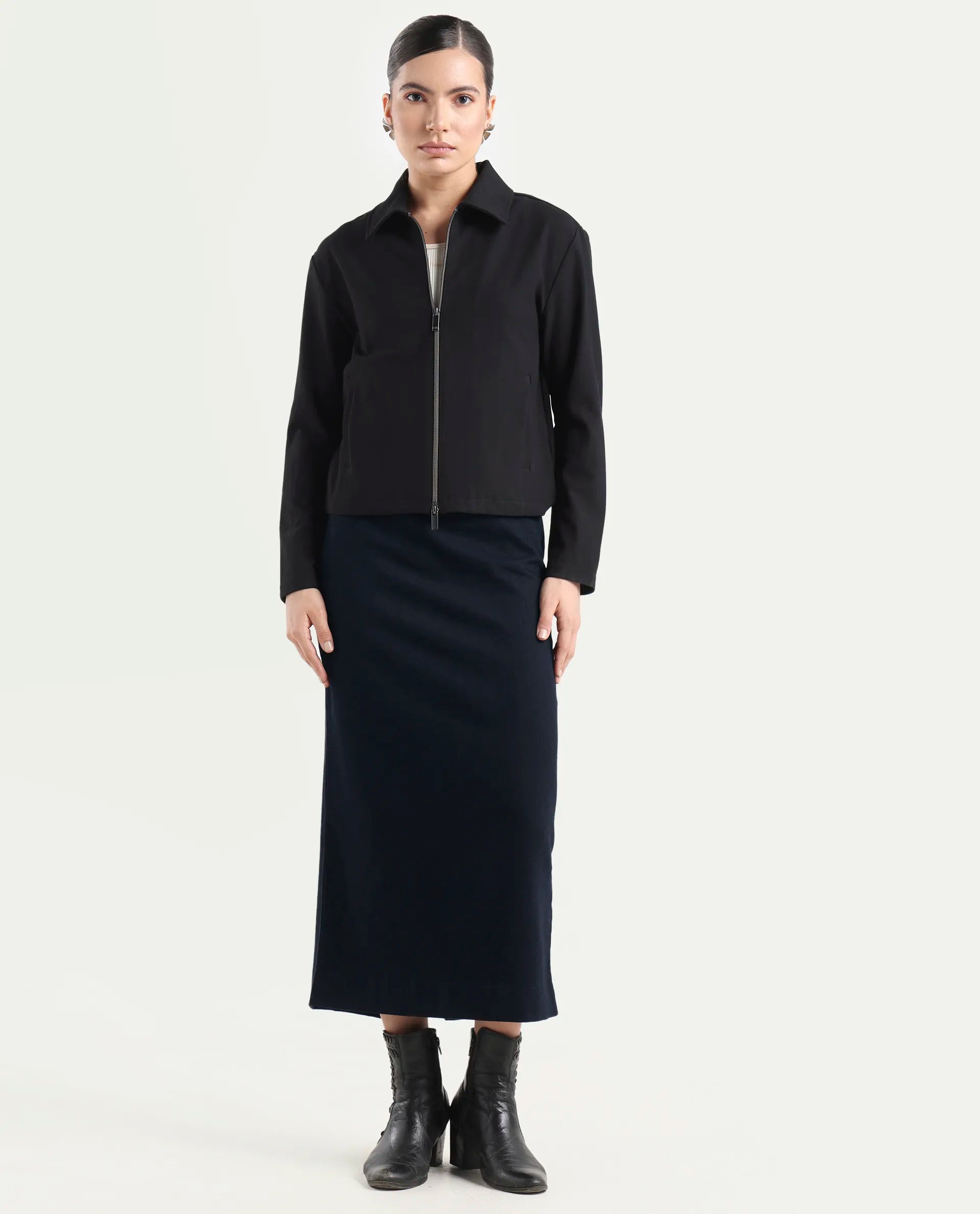 Rareism Women's Denis Dark Blue Cotton A-Line Plain Skirt