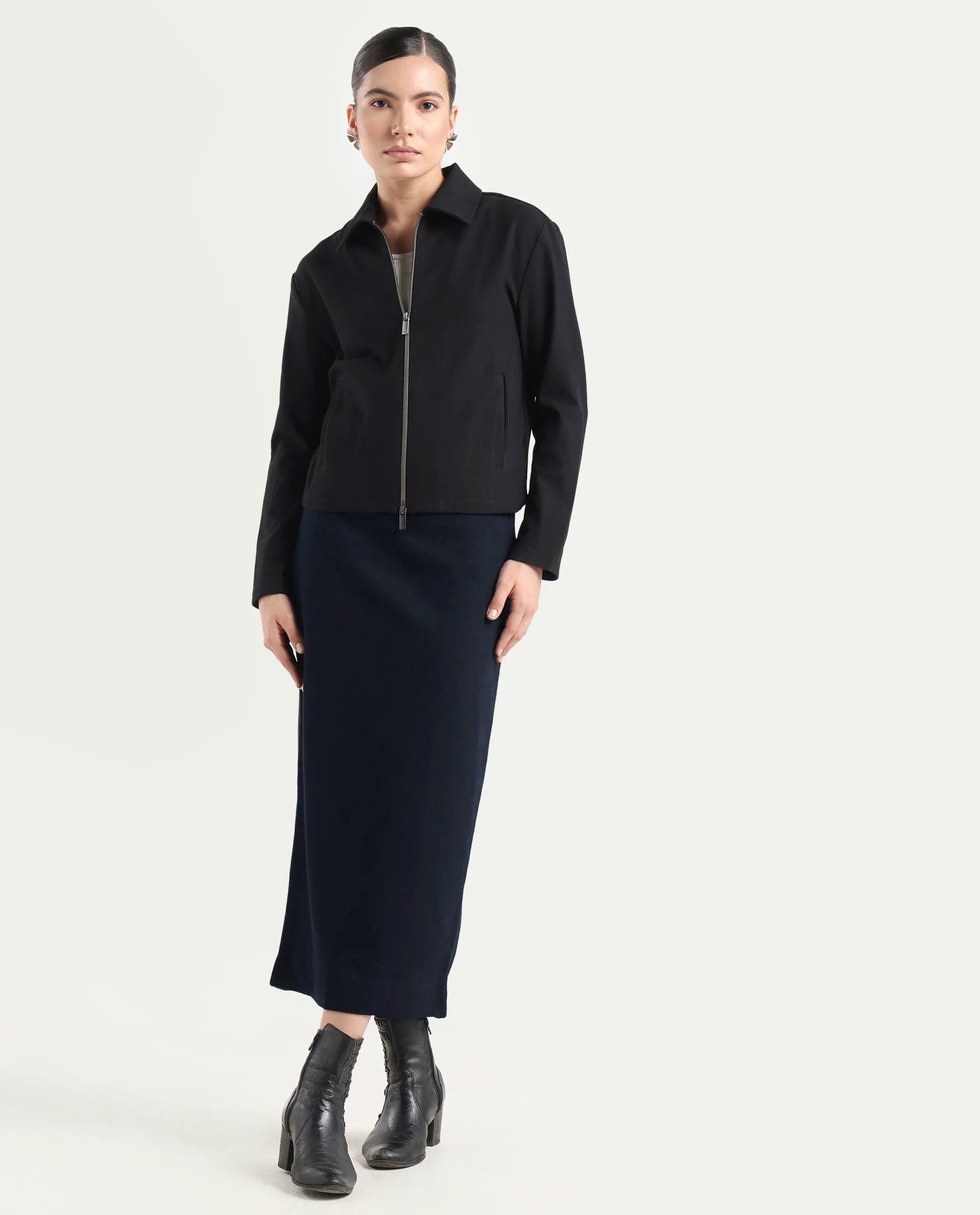 Rareism Women's Denis Dark Blue Cotton A-Line Plain Skirt