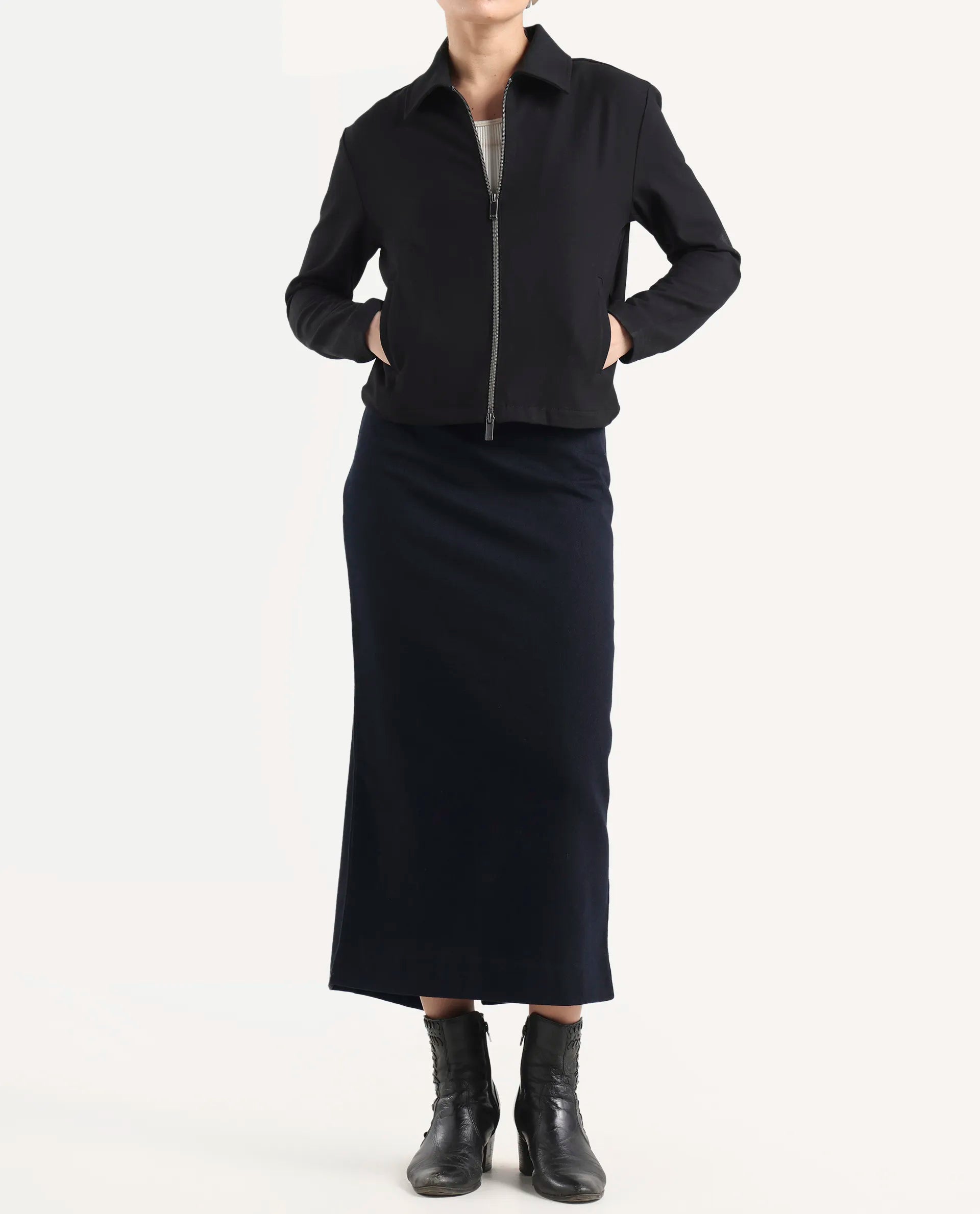 Rareism Women's Denis Dark Blue Cotton A-Line Plain Skirt