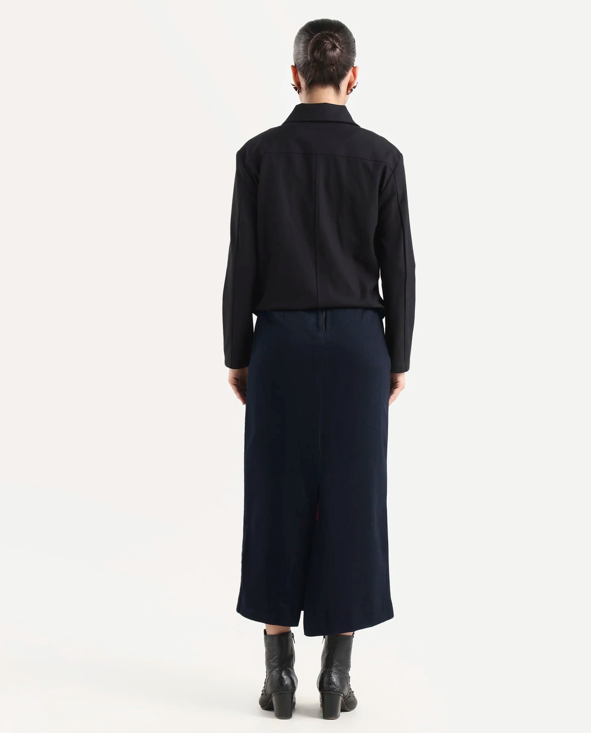 Rareism Women's Denis Dark Blue Cotton A-Line Plain Skirt