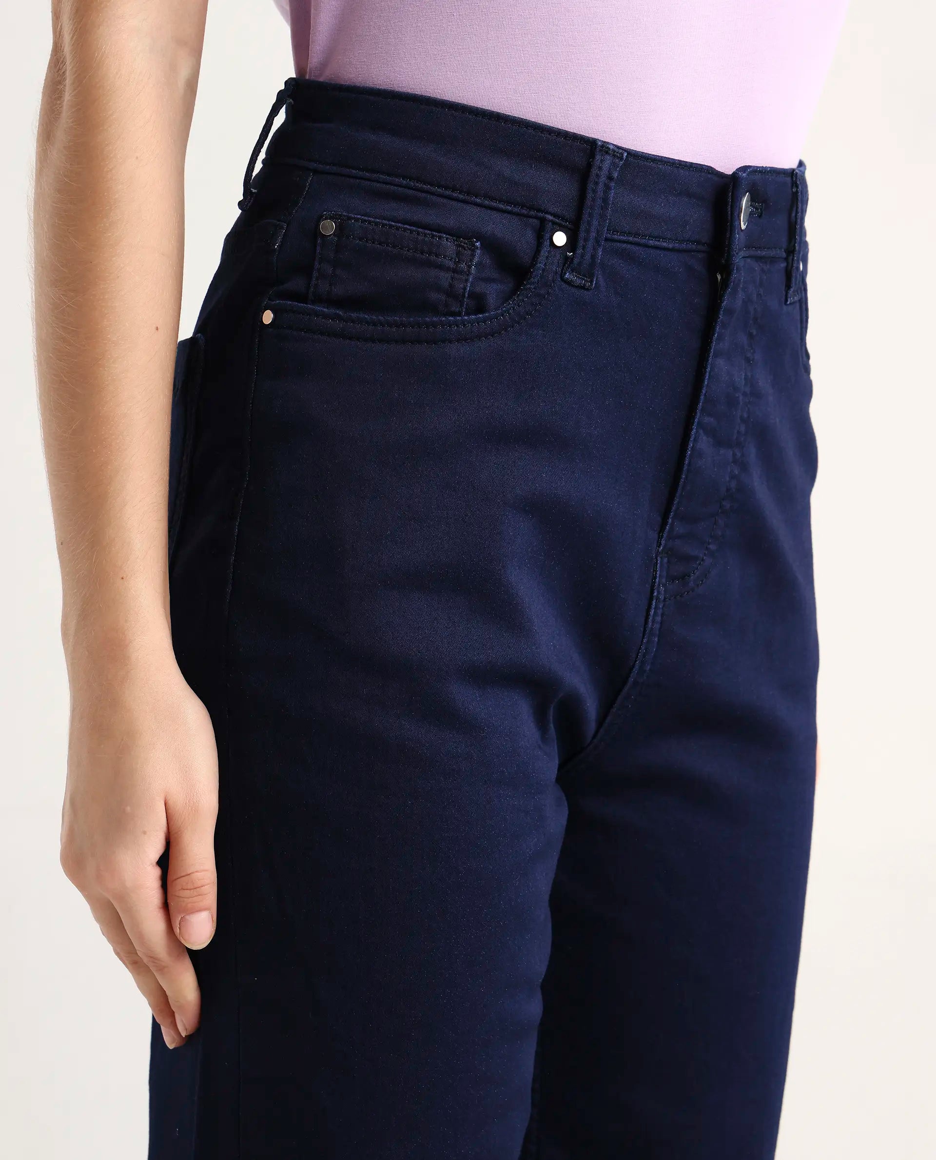 Rareism Women's Denly Navy Cotton Blend Straight Plain Jeans