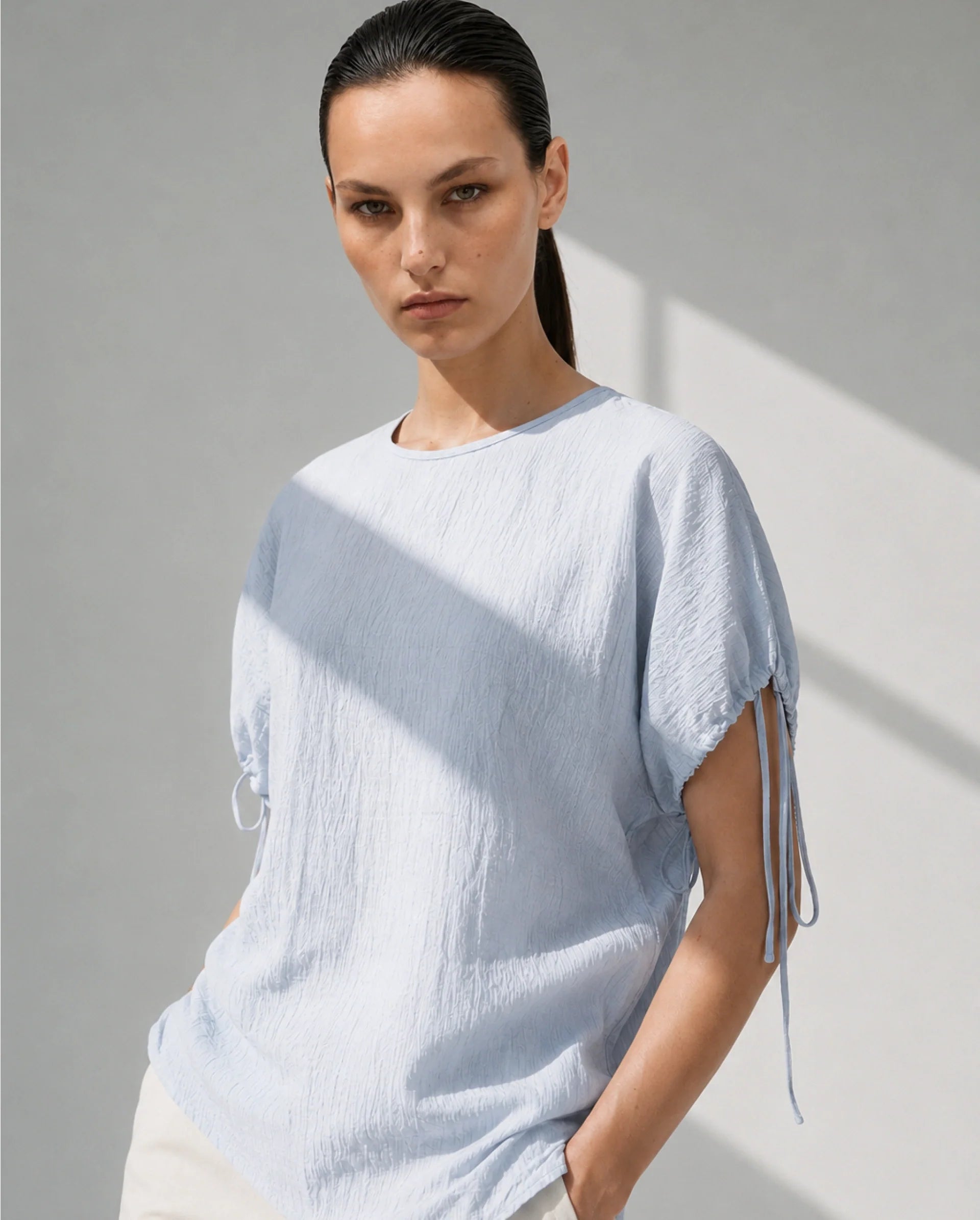 Rareism Women's Deno Light Blue Viscose Blend Crew Neck Button Regular Plain Top