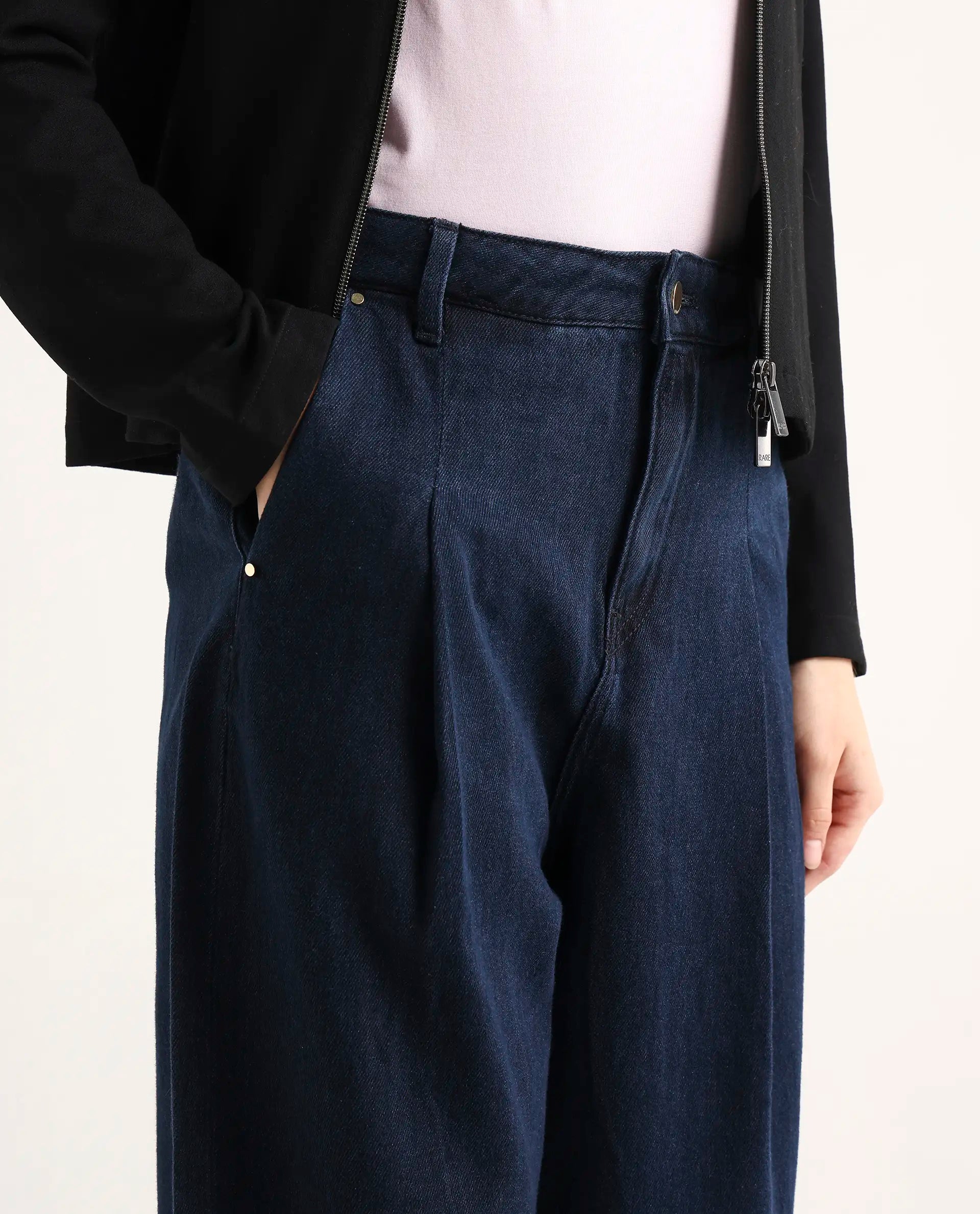 Rareism Women's Denop Dark Blue Cotton Carrot Plain Jeans