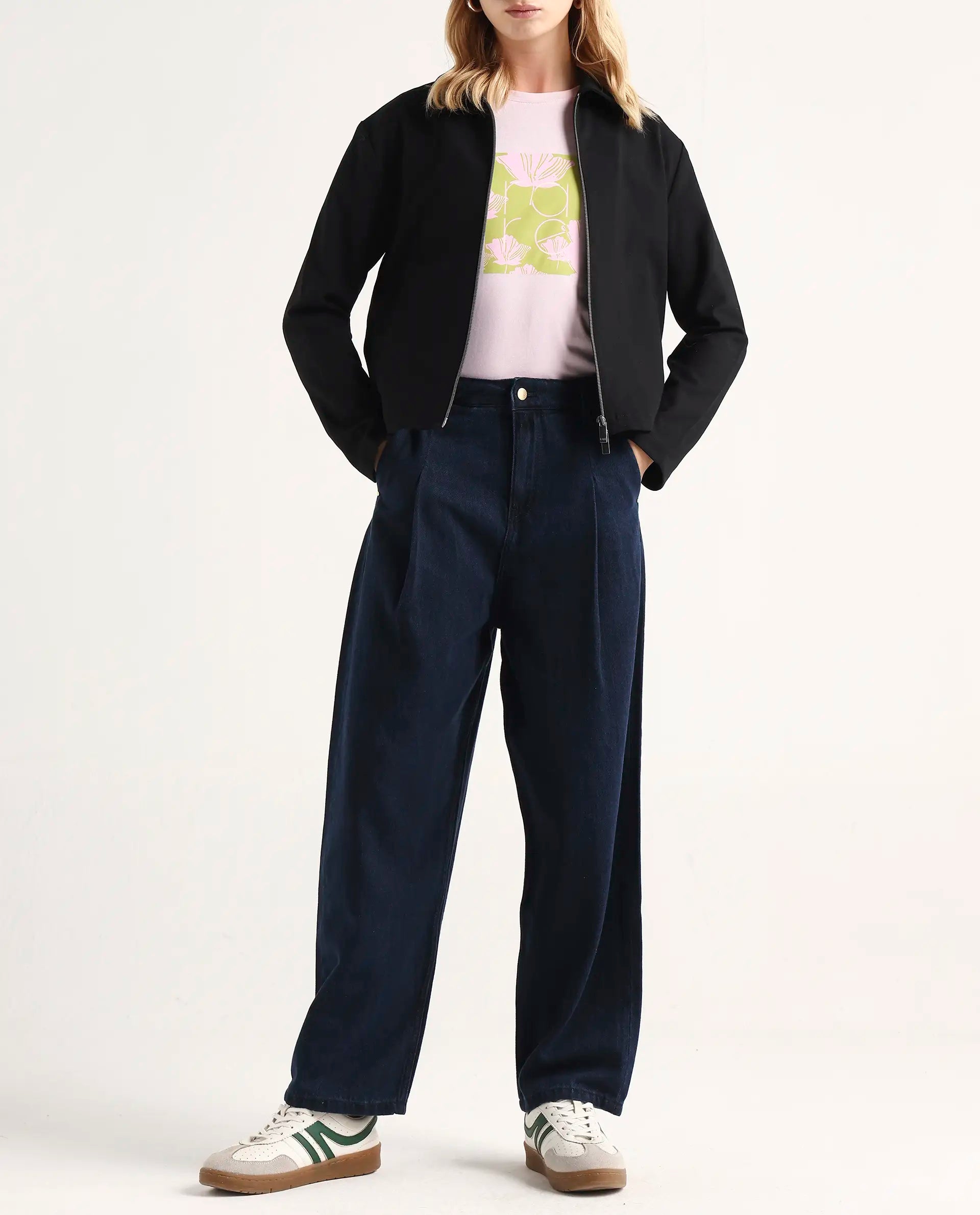 Rareism Women's Denop Dark Blue Cotton Carrot Plain Jeans