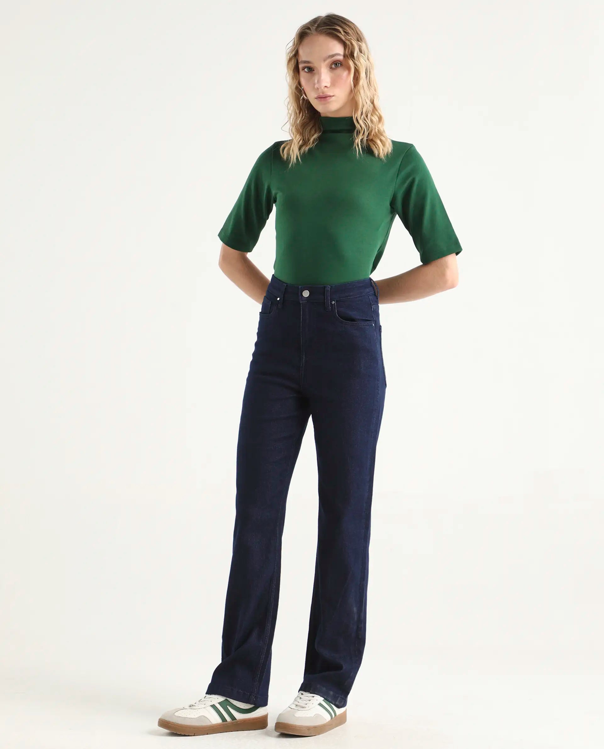 Rareism Women's Denvy Blue Cotton Blend Straight Plain Jeans