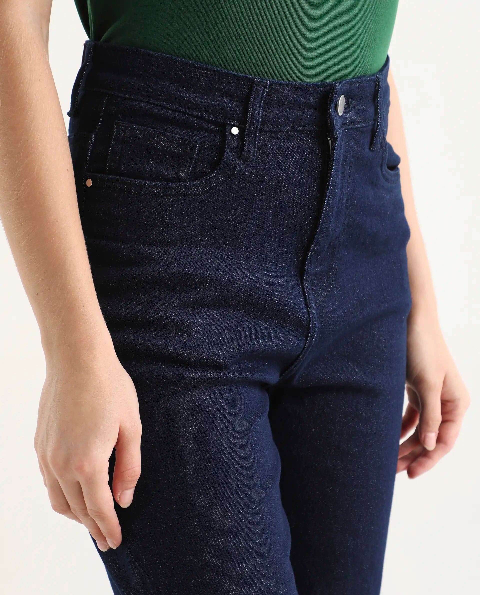 Rareism Women's Denvy Blue Cotton Blend Straight Plain Jeans