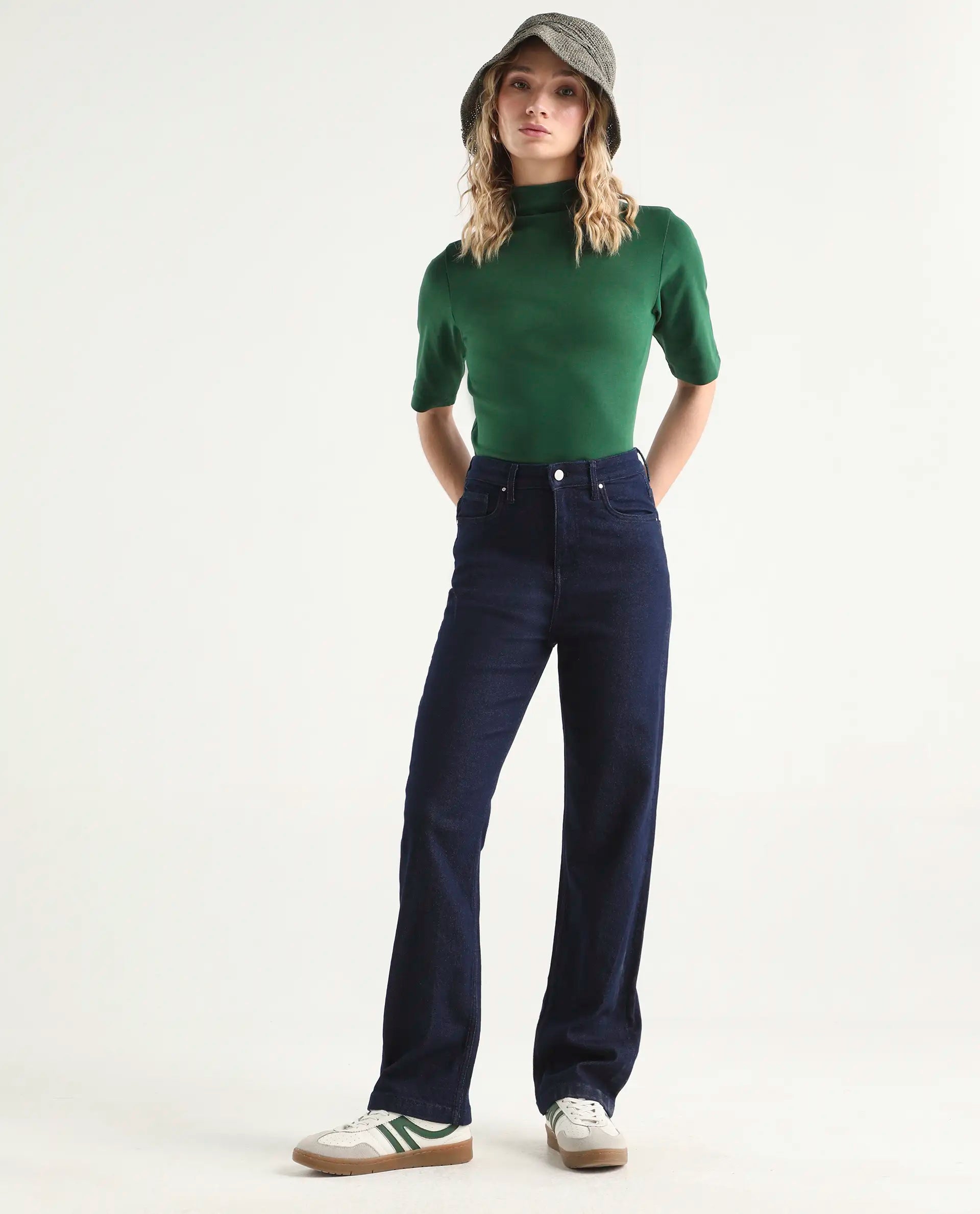 Rareism Women's Denvy Blue Cotton Blend Straight Plain Jeans