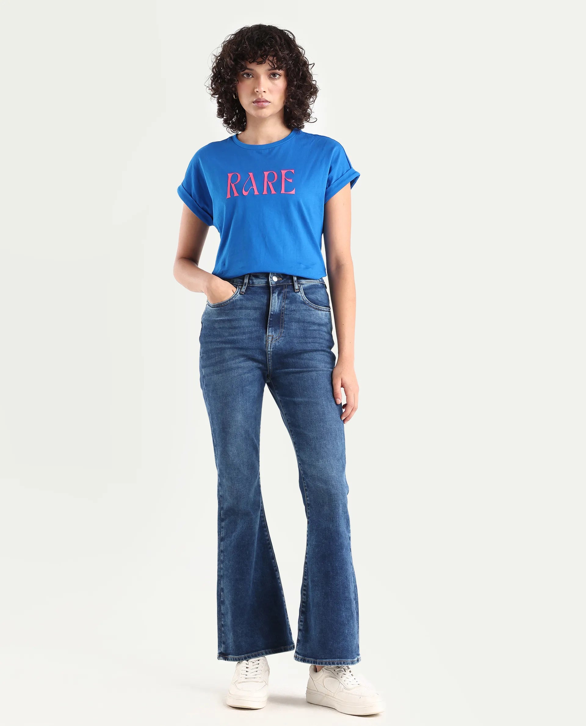 Rareism Women's Denza Blue Cotton Blend Bootcut Plain Jeans