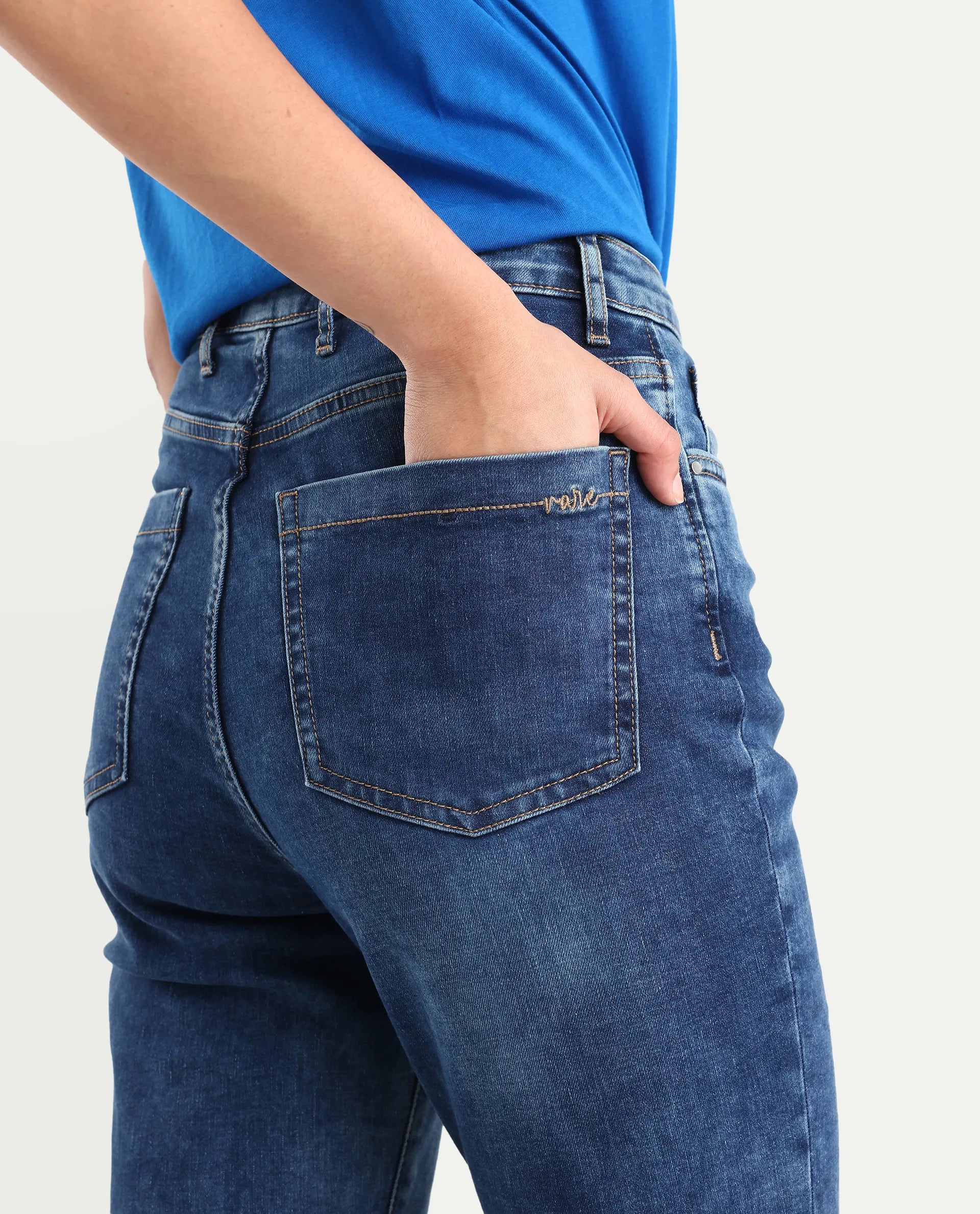 Rareism Women's Denza Blue Cotton Blend Bootcut Plain Jeans