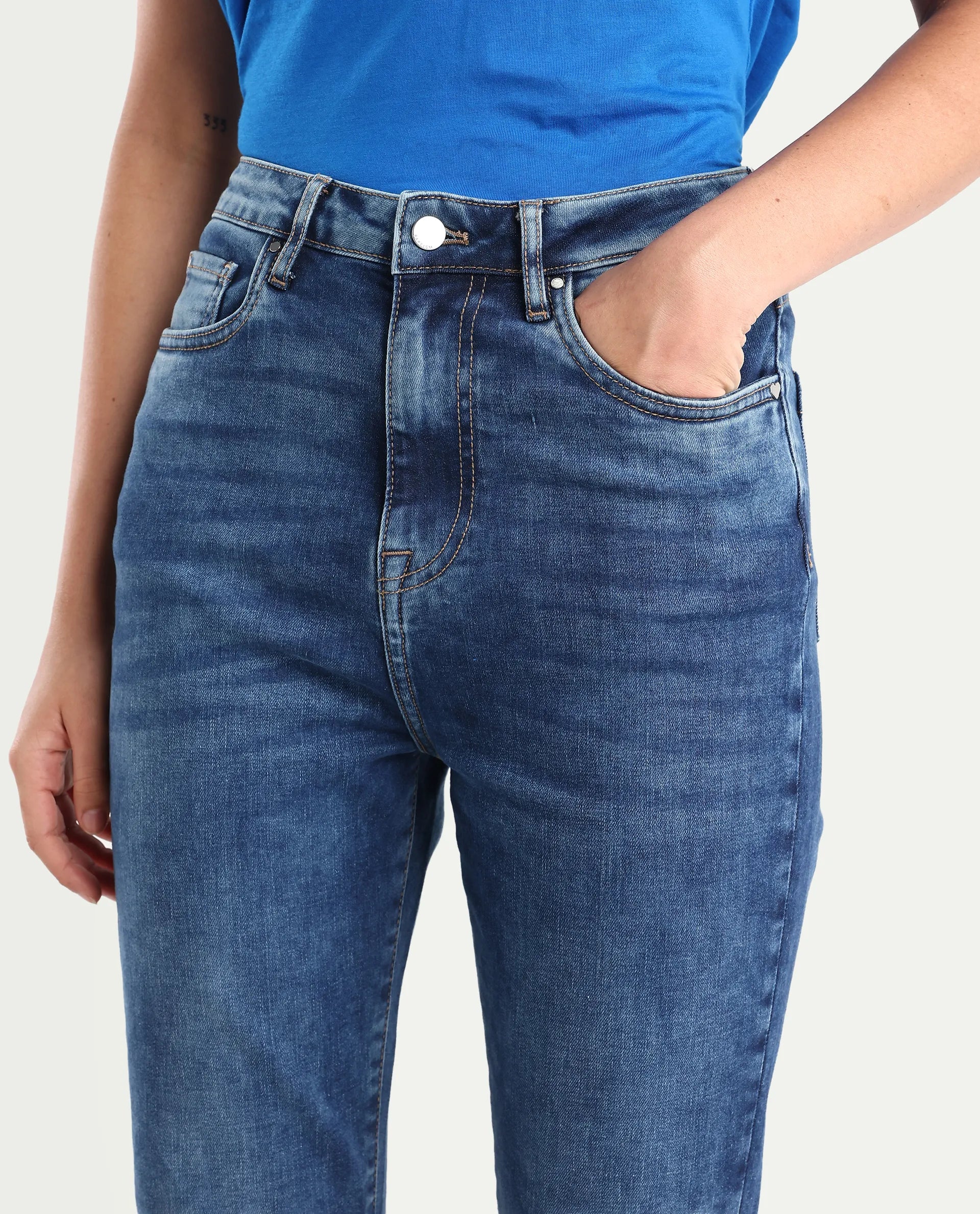 Rareism Women's Denza Blue Cotton Blend Bootcut Plain Jeans