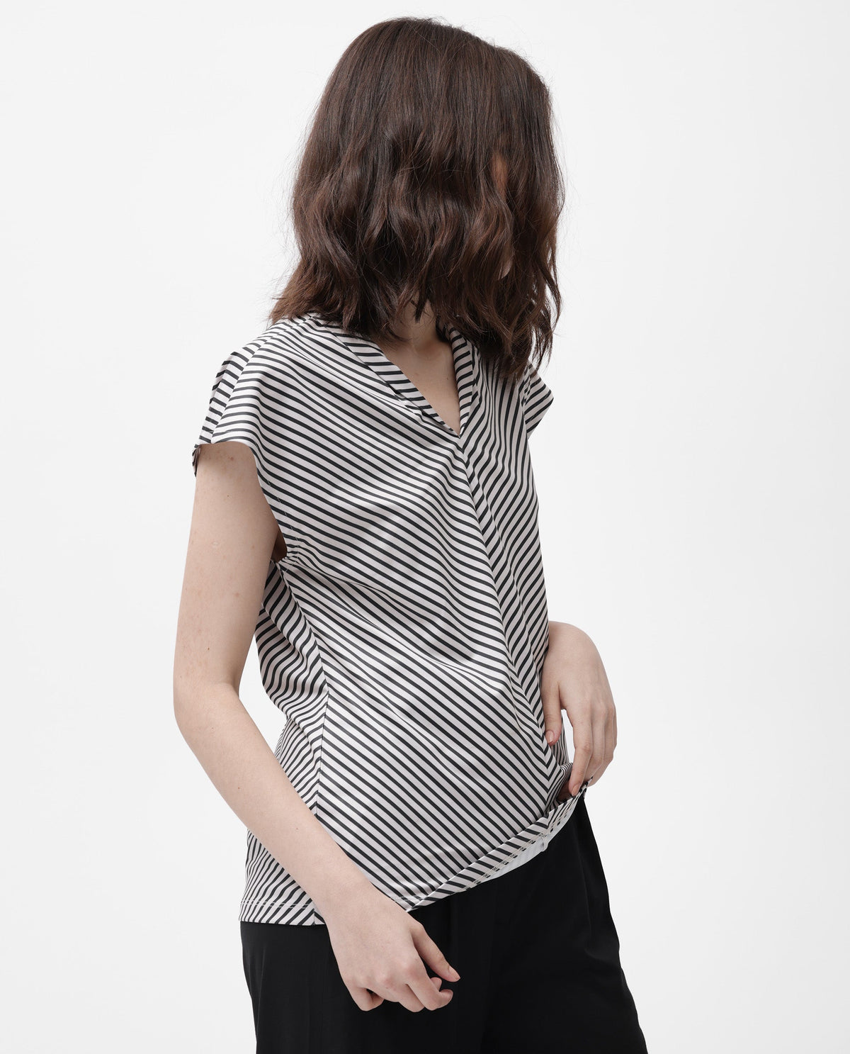 Rareism Women Deon Black Polyester Fabric Relaxed Fit V-Neck Sleeveless Striped Top