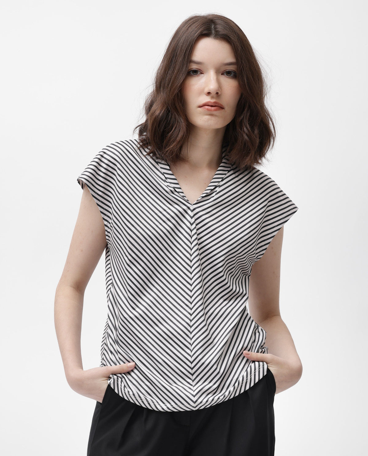 Rareism Women Deon Black Polyester Fabric Relaxed Fit V-Neck Sleeveless Striped Top