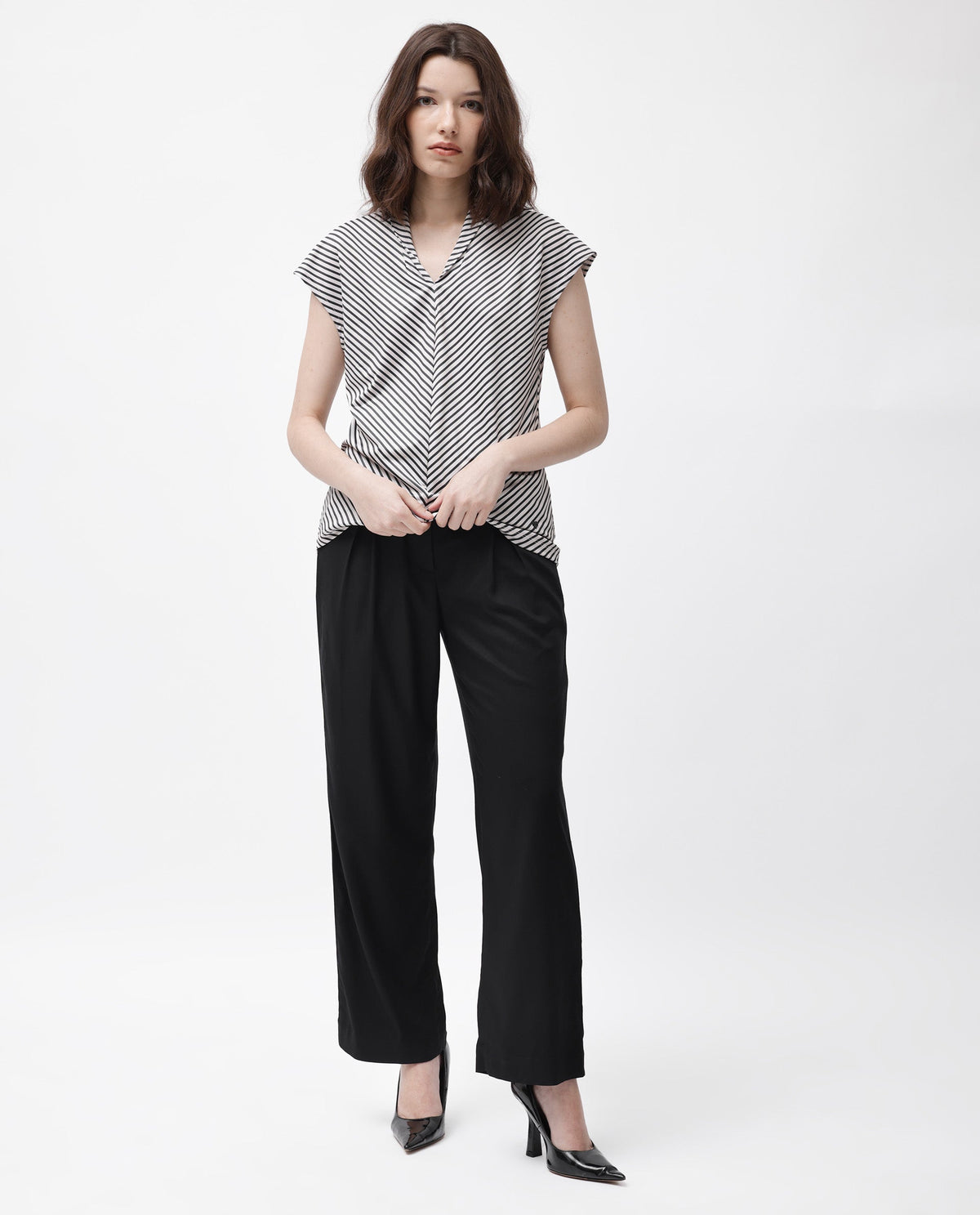 Rareism Women Deon Black Polyester Fabric Relaxed Fit V-Neck Sleeveless Striped Top