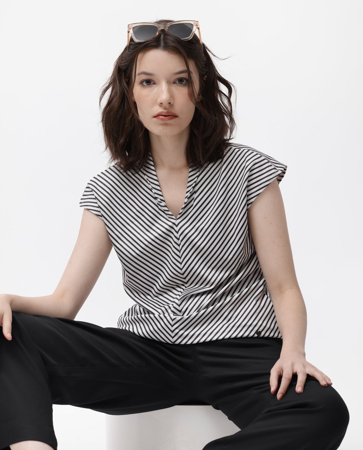 Rareism Women Deon Black Polyester Fabric Relaxed Fit V-Neck Sleeveless Striped Top