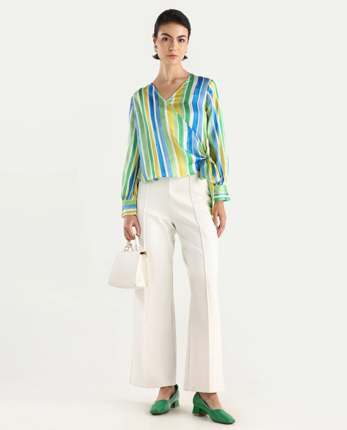 Rareism Women's Dessa Multi Overlap Neck Striped Cuffed Sleeve Regular Fit Top
