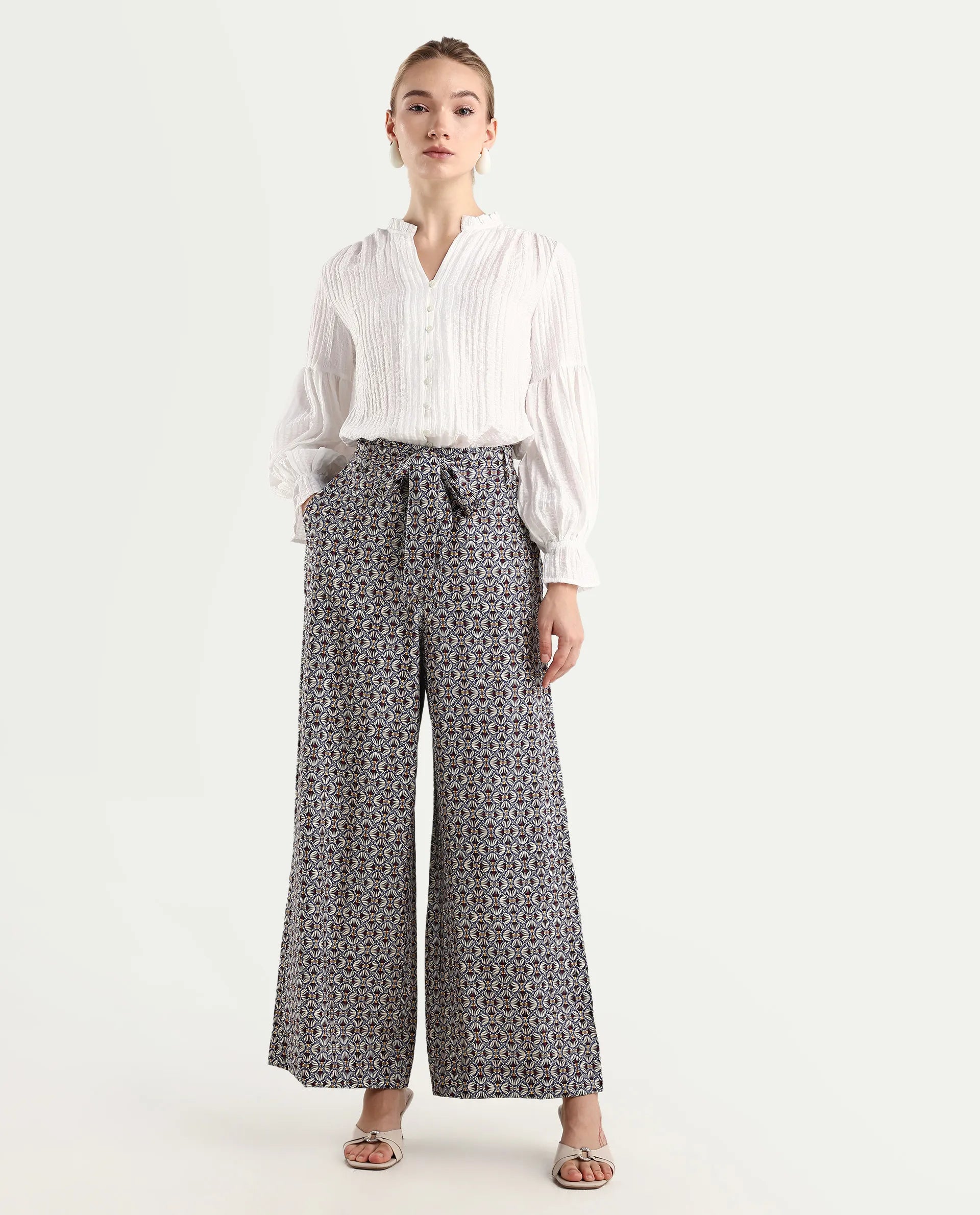 Rareism Women's Detofo Light Multi Nylon Geometric Print Ankle Length Straight Fit Trouser