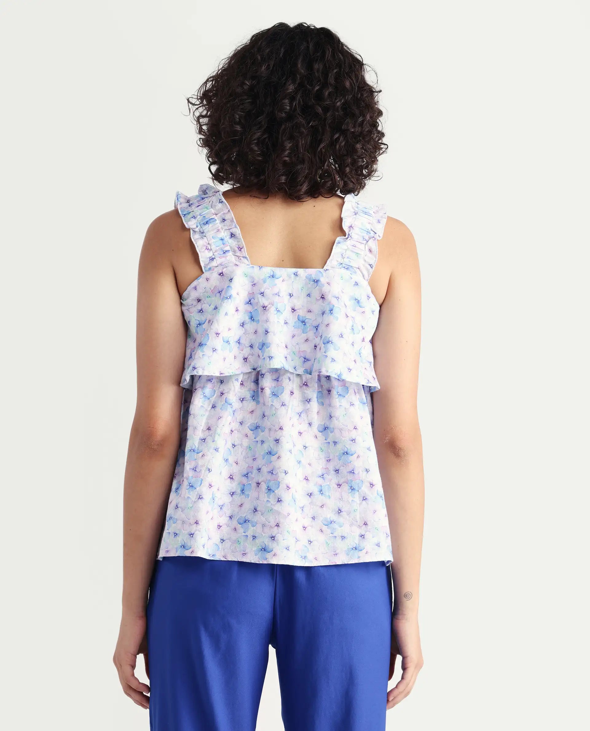 Rareism Women's Dew Purple Linen Collarless Floral Print Sleeveless Regular Fit Top