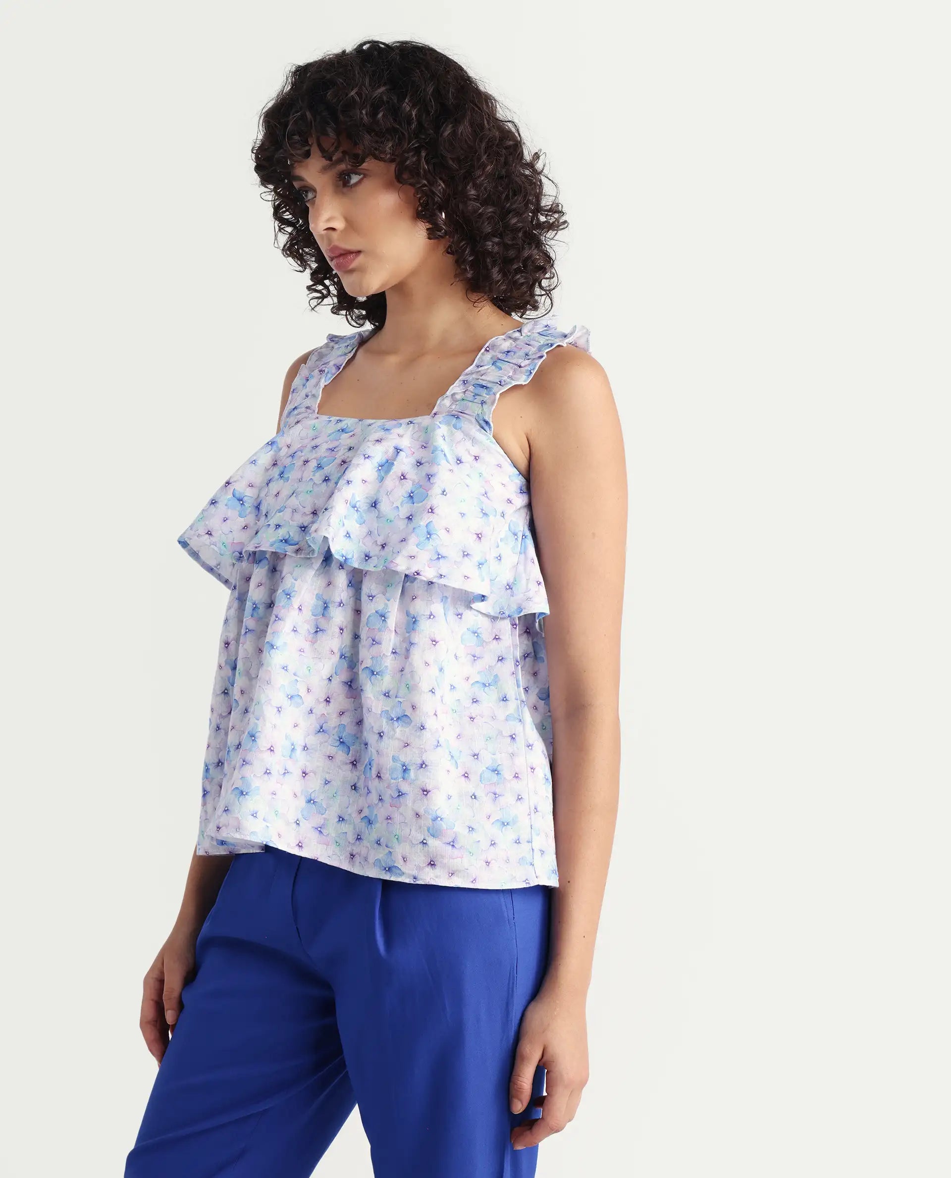 Rareism Women's Dew Purple Linen Collarless Floral Print Sleeveless Regular Fit Top