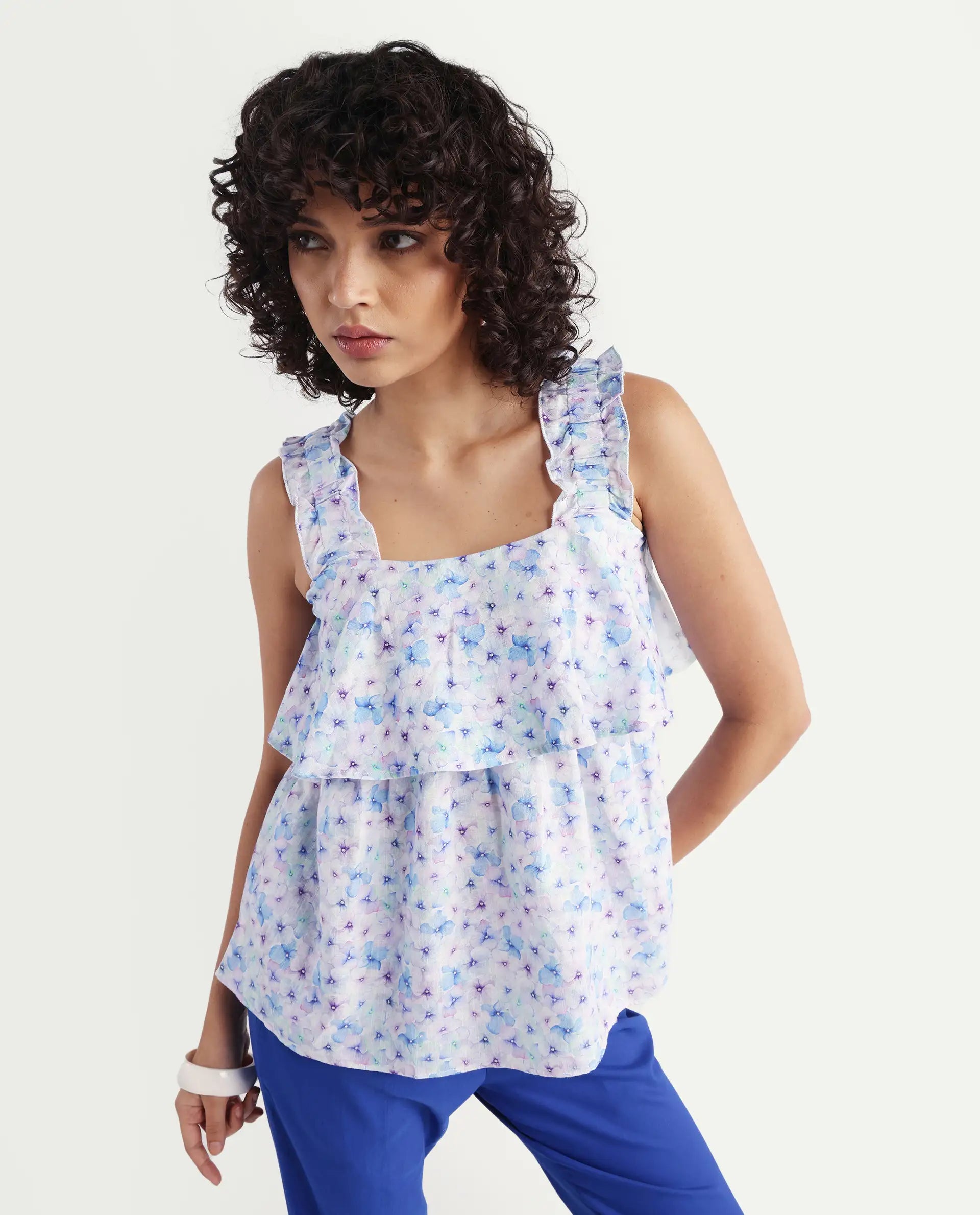 Rareism Women's Dew Purple Linen Collarless Floral Print Sleeveless Regular Fit Top