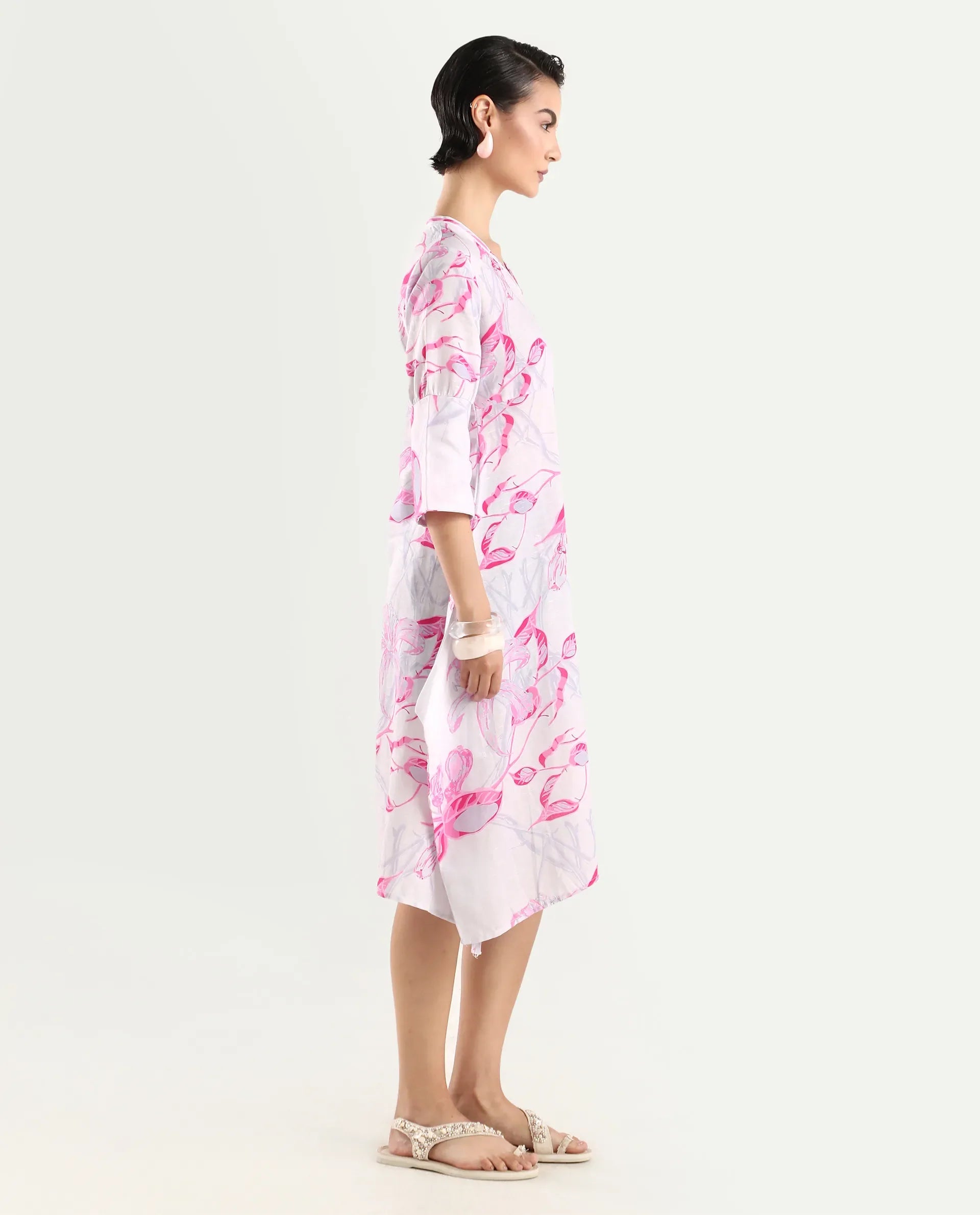 Rareism Women's Dherry Pastel Purple Linen V-Neck Paisley Print Midi Regular Fit Dress