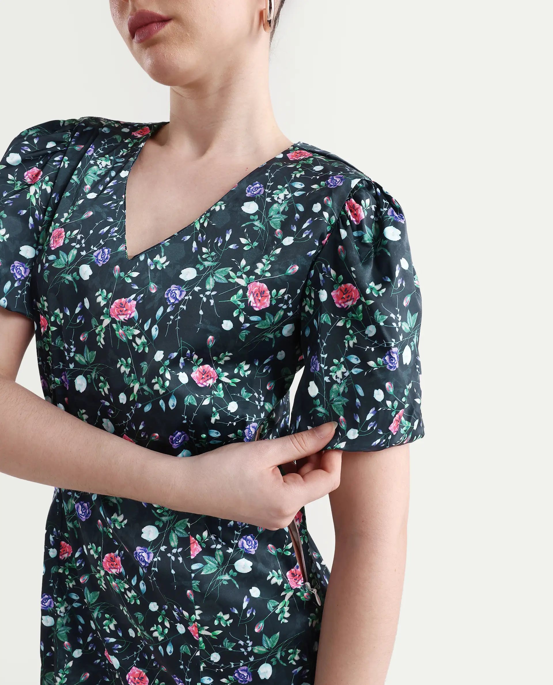 Rareism Women's Diego Navy Modal Blend V-Neck Floral Print Puff Sleeves Midi Slim Fit Dress