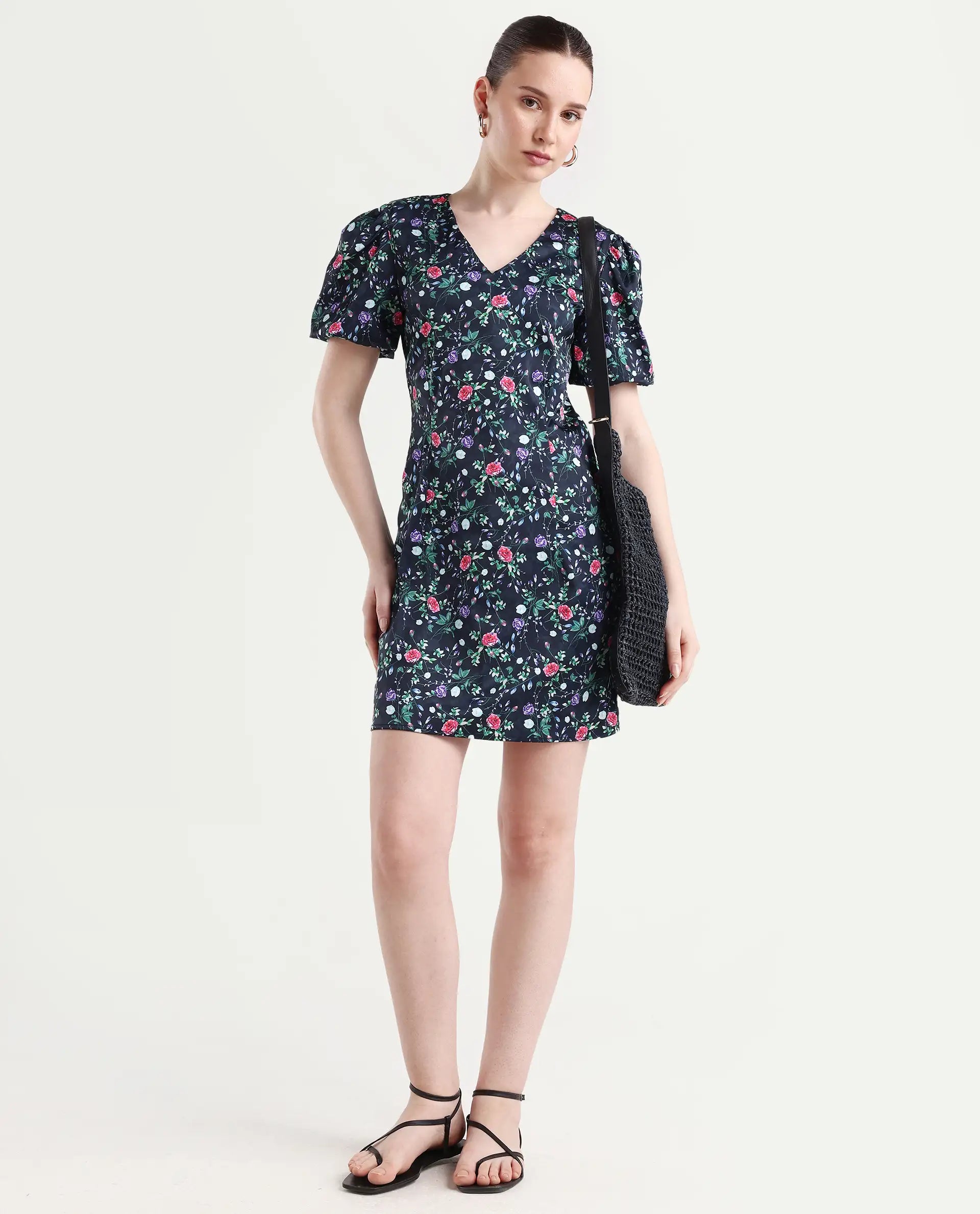 Rareism Women's Diego Navy Modal Blend V-Neck Floral Print Puff Sleeves Midi Slim Fit Dress