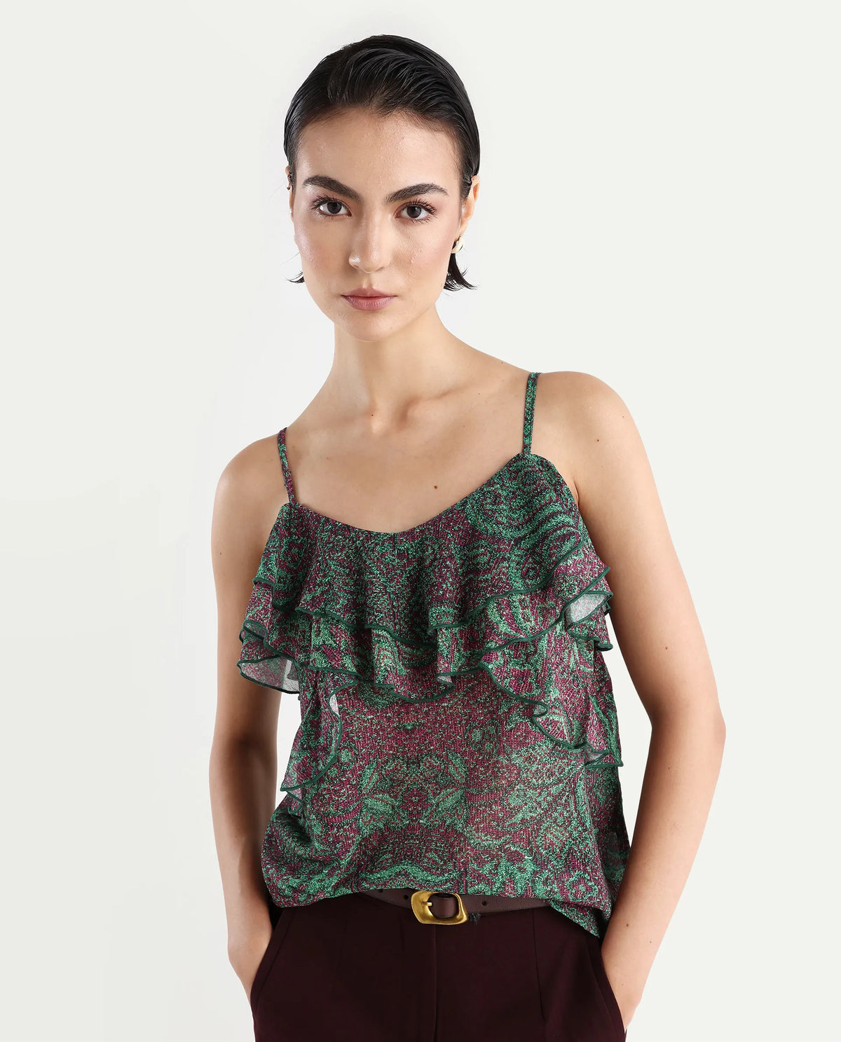 Rareism Women's Difi Dark Maroon Polyester V-Neck Abstract Print Sleeveless Regular Fit Top