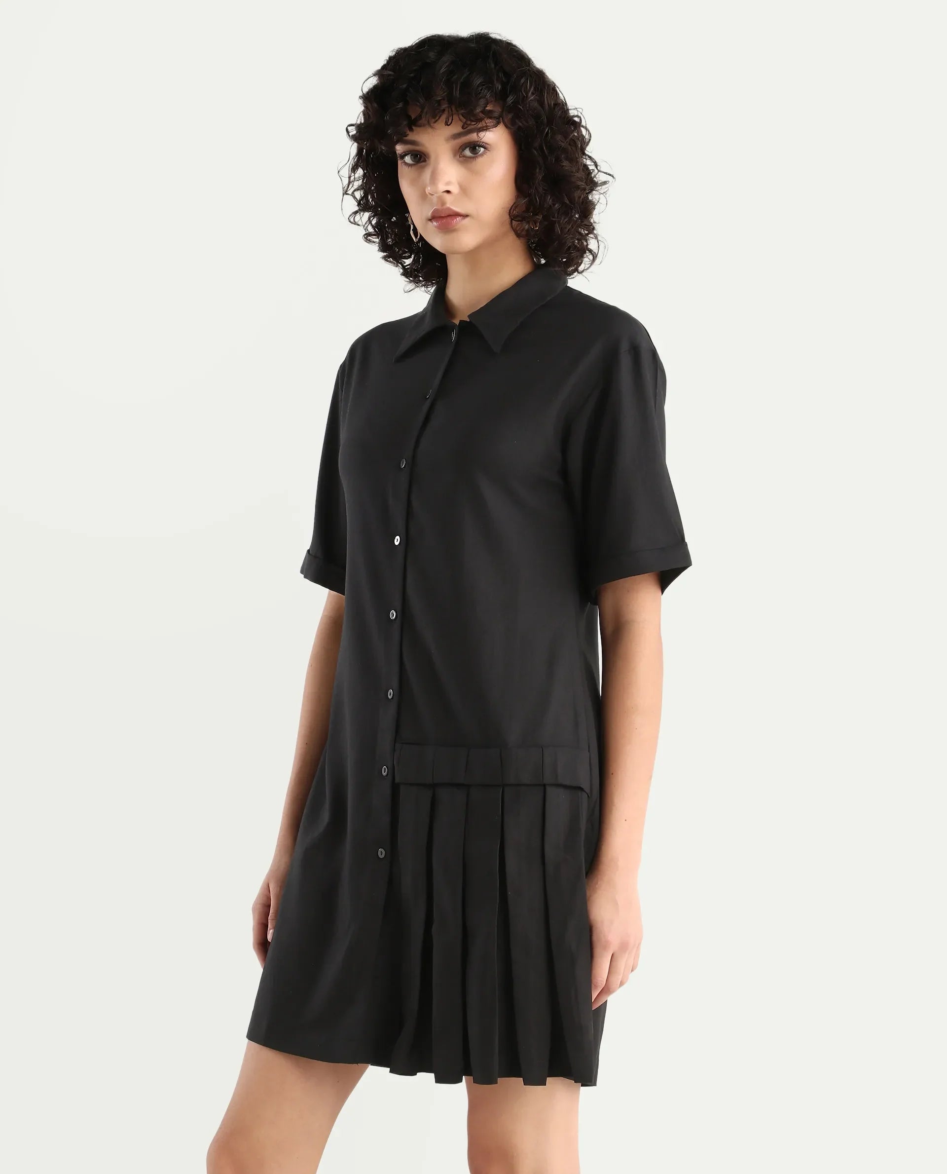 Rareism Women's Dilijan Black Cotton Blend Drop Collar Plain Knee Length Asymmetric Dress